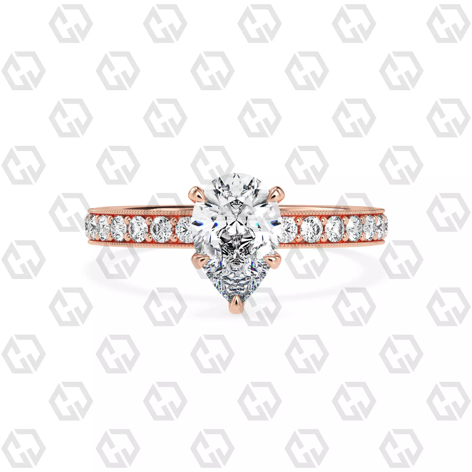 Ring 67 Pear Shape milgrain pave set ring with Gems 3D print model_0