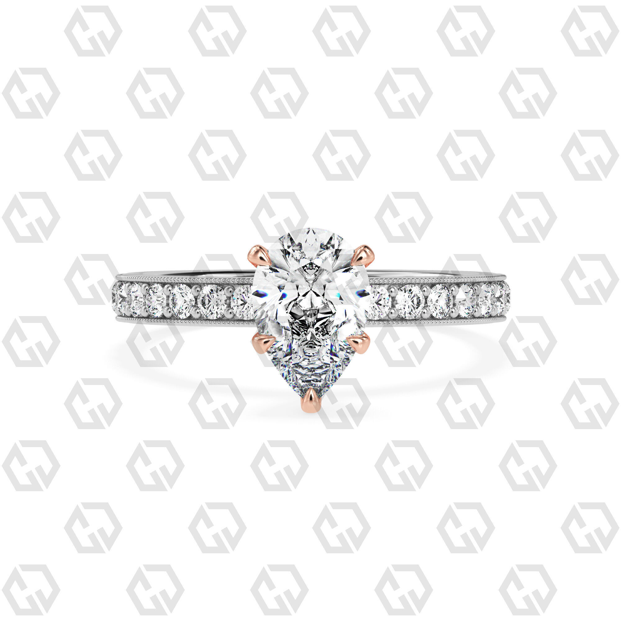 Ring 67 Pear Shape milgrain pave set ring with Gems 3D print model_3