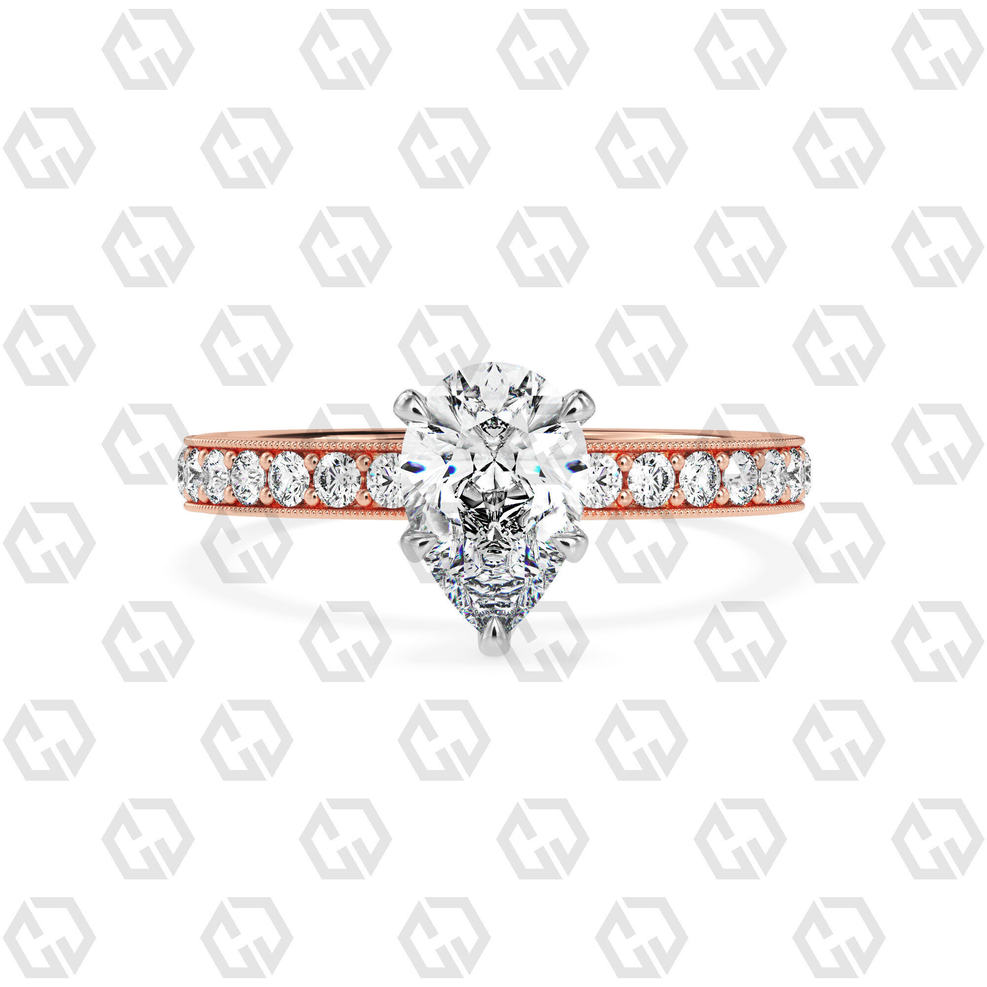 Ring 67 Pear Shape milgrain pave set ring with Gems 3D print model_5