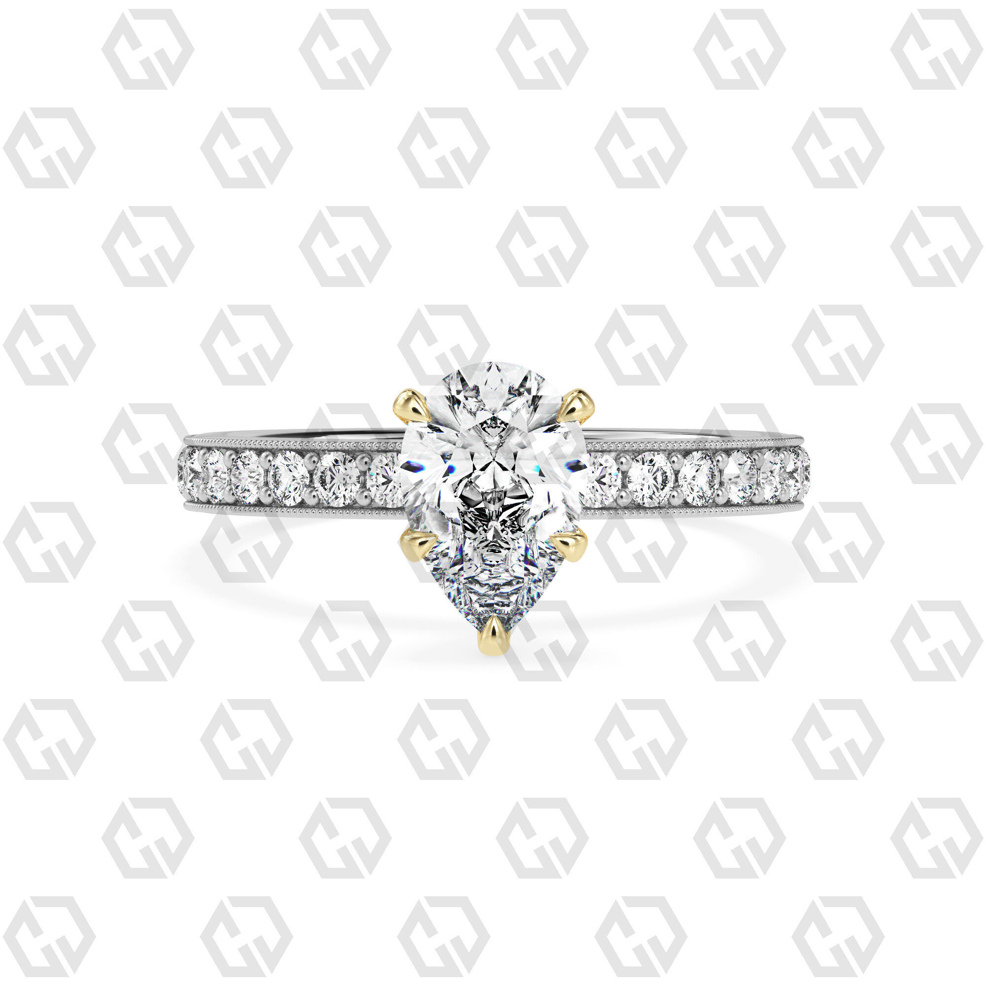 Ring 67 Pear Shape milgrain pave set ring with Gems 3D print model_11