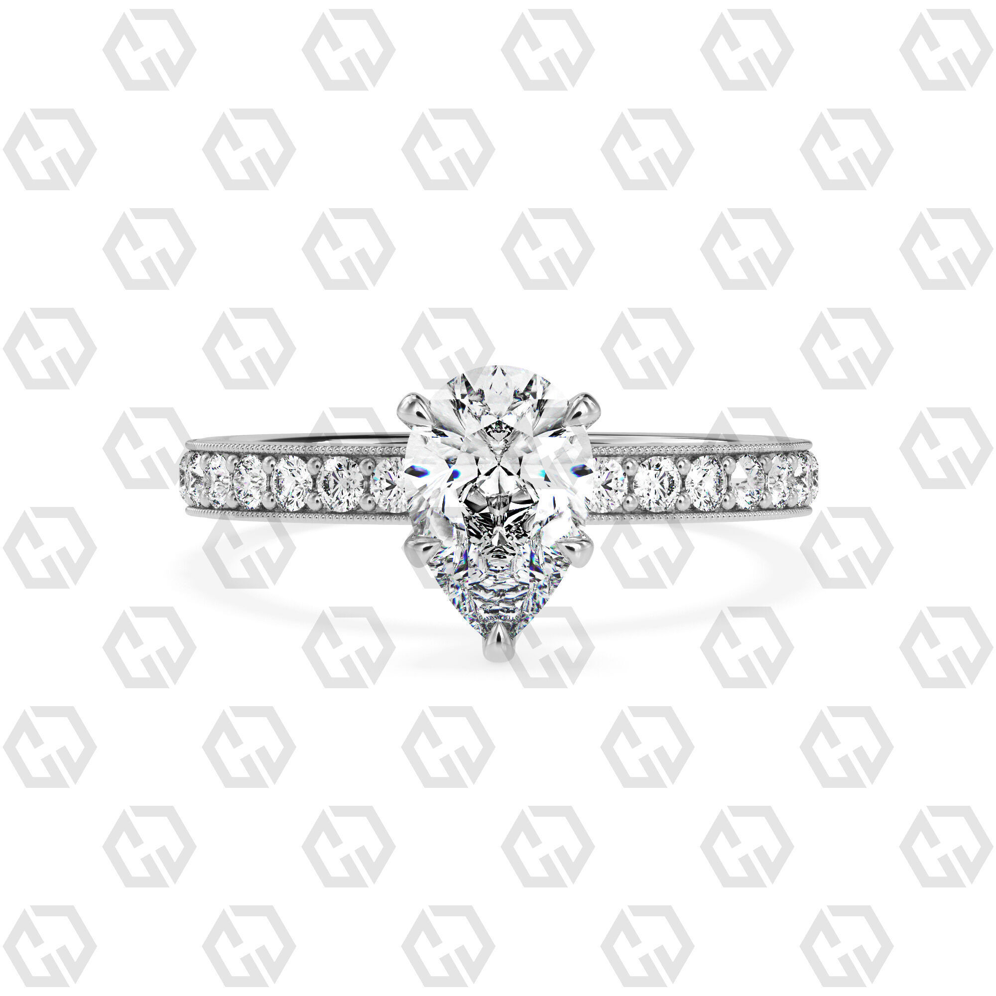 Ring 67 Pear Shape milgrain pave set ring with Gems 3D print model_7