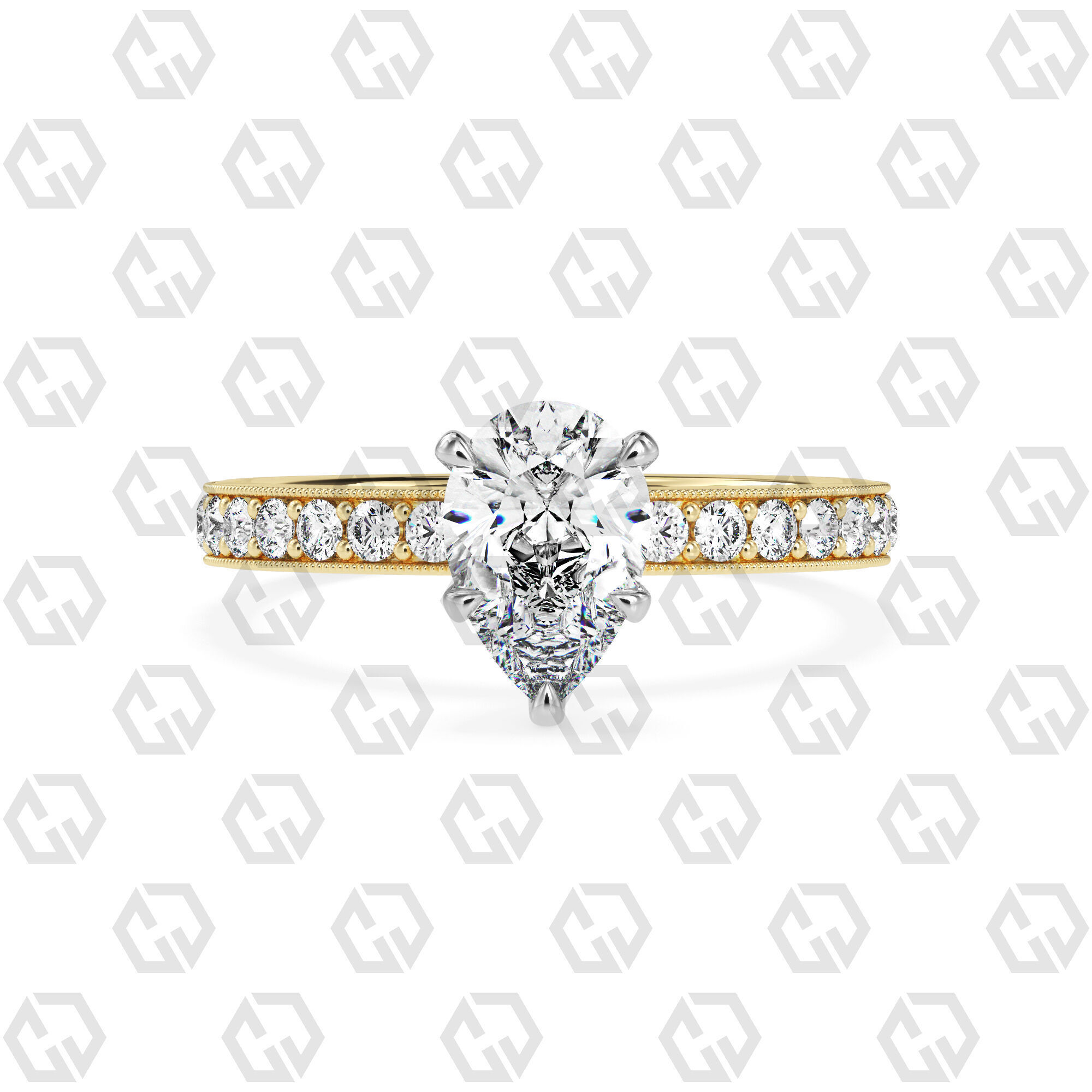 Ring 67 Pear Shape milgrain pave set ring with Gems 3D print model_9