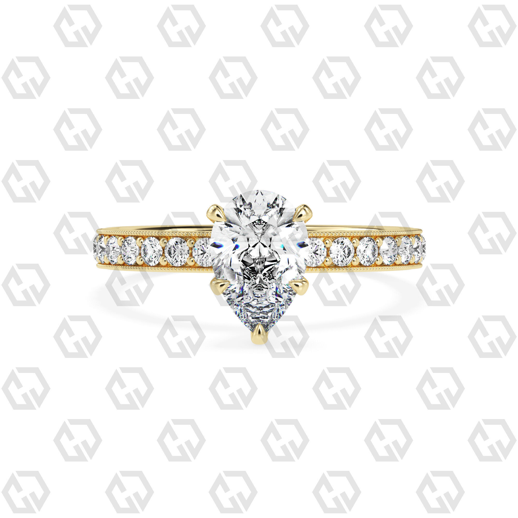 Ring 67 Pear Shape milgrain pave set ring with Gems 3D print model_13