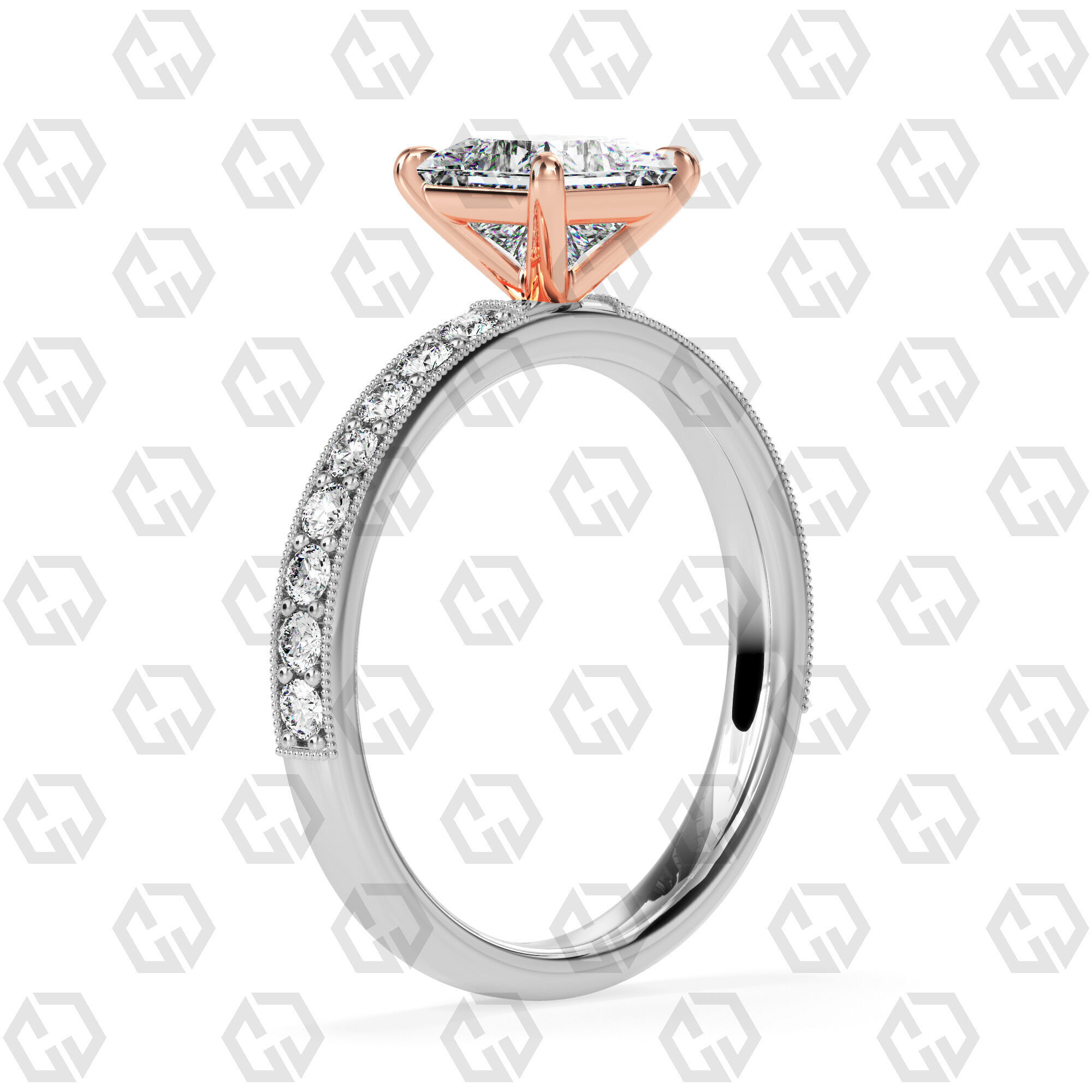 Ring 68 Princess Shape milgrain pave set ring with Gems 3D print model_2