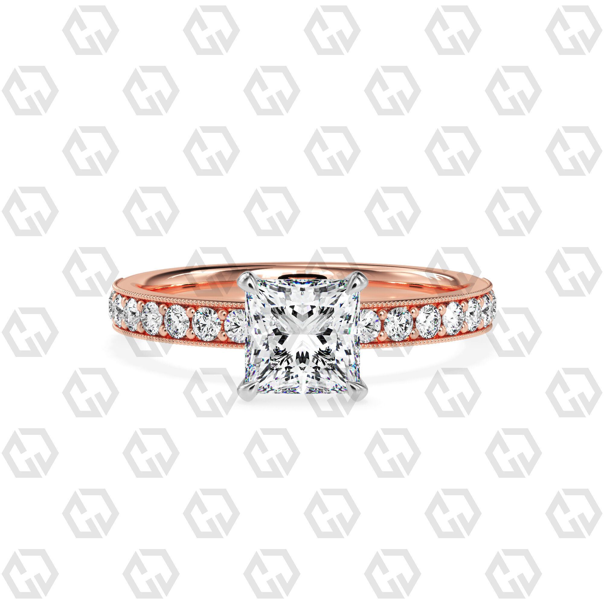 Ring 68 Princess Shape milgrain pave set ring with Gems 3D print model_5