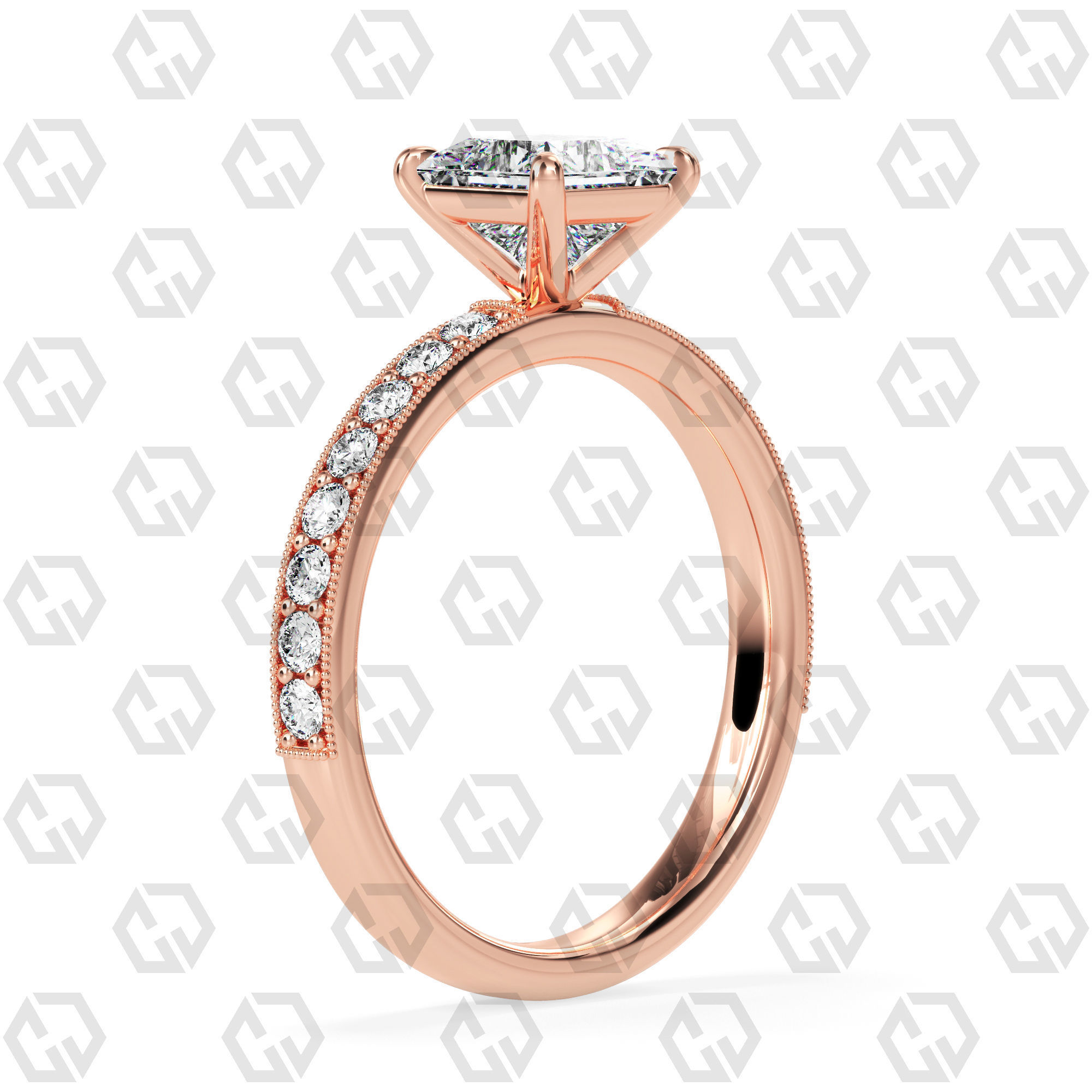 Ring 68 Princess Shape milgrain pave set ring with Gems 3D print model_1
