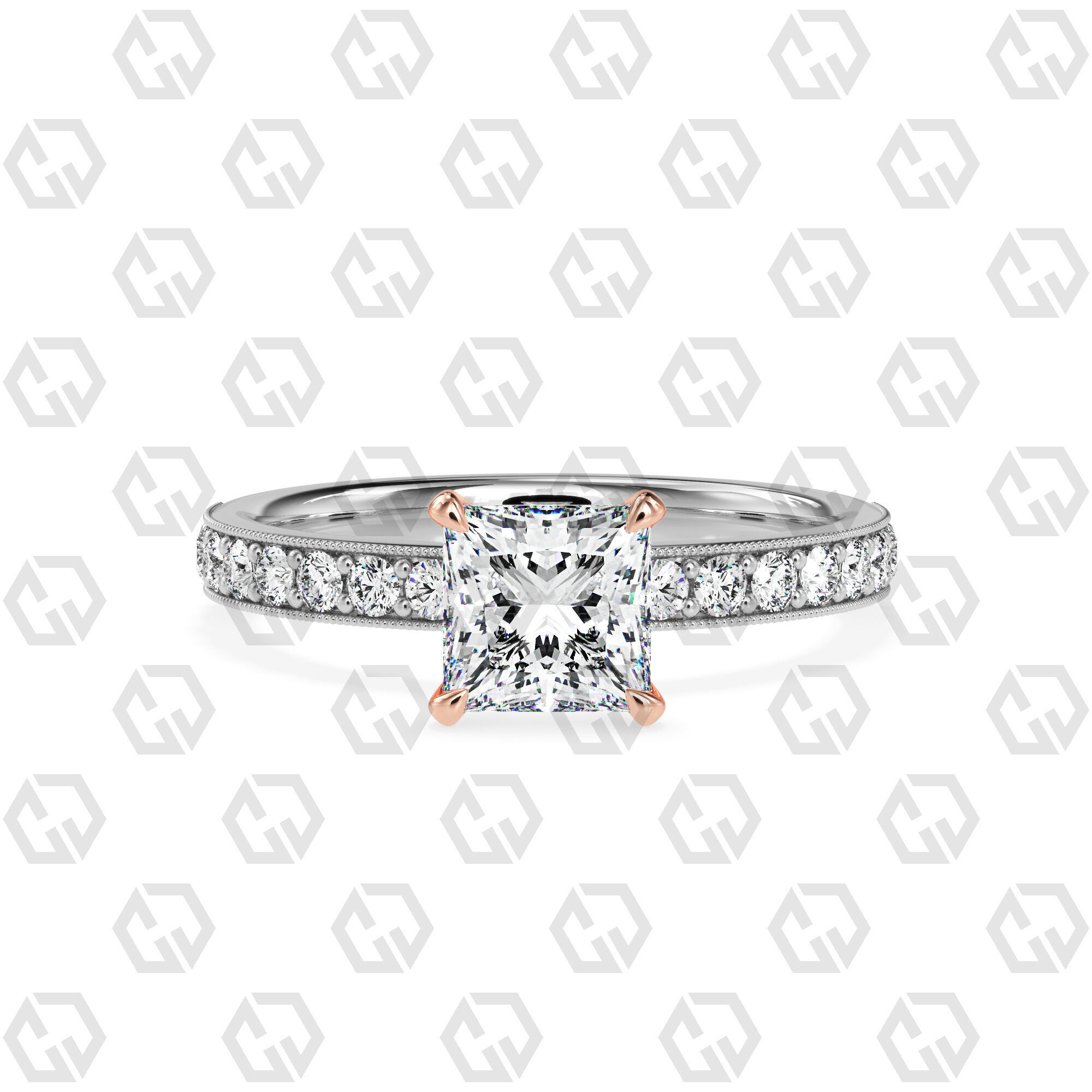 Ring 68 Princess Shape milgrain pave set ring with Gems 3D print model_3