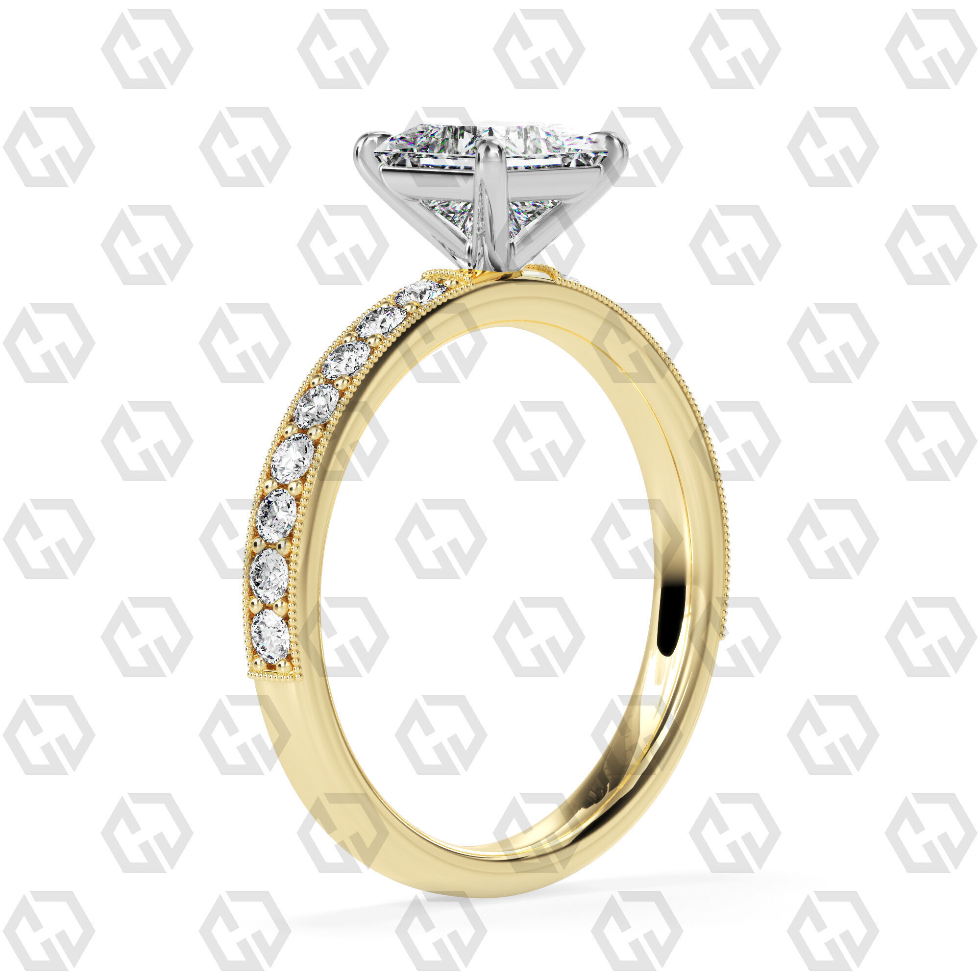 Ring 68 Princess Shape milgrain pave set ring with Gems 3D print model_8