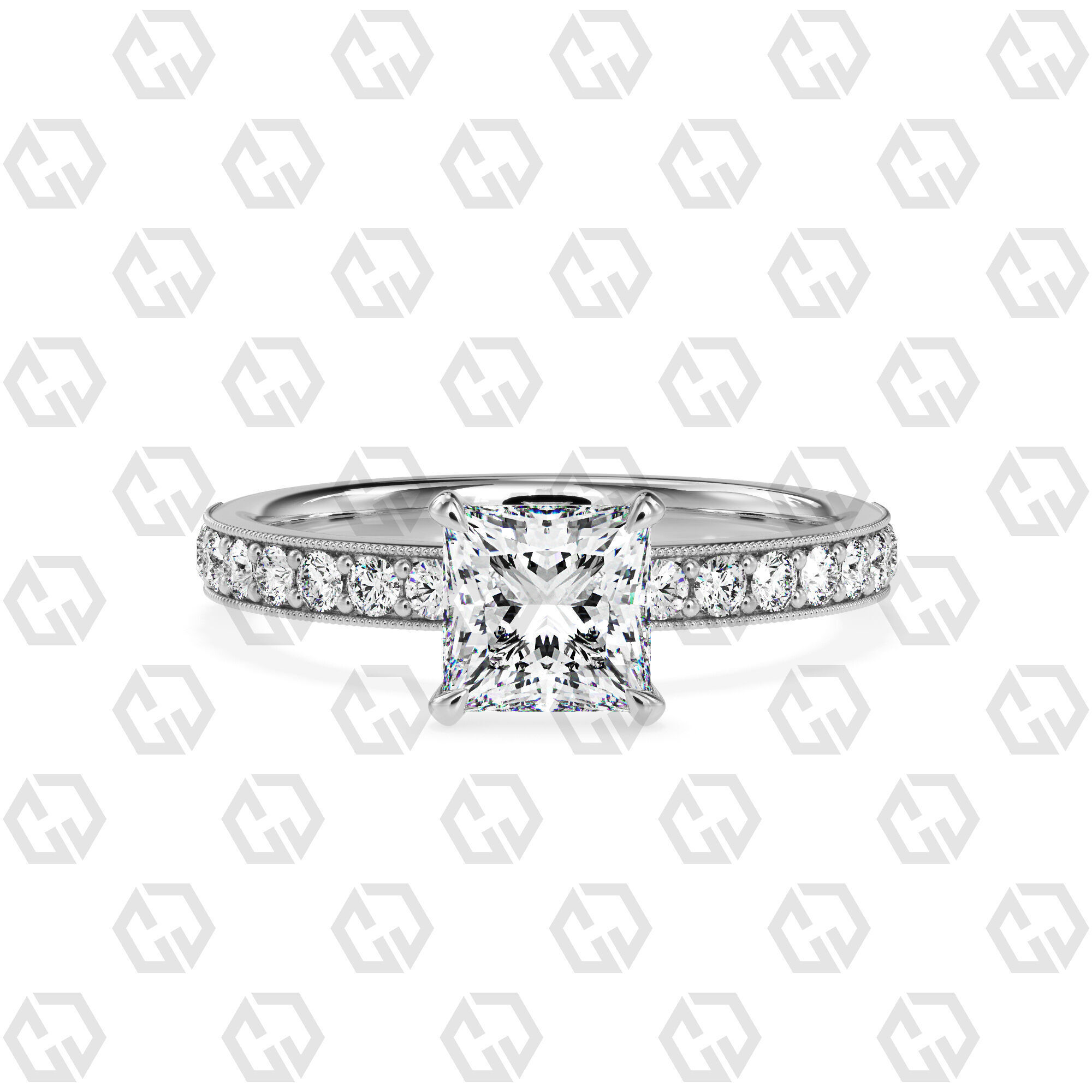 Ring 68 Princess Shape milgrain pave set ring with Gems 3D print model_7