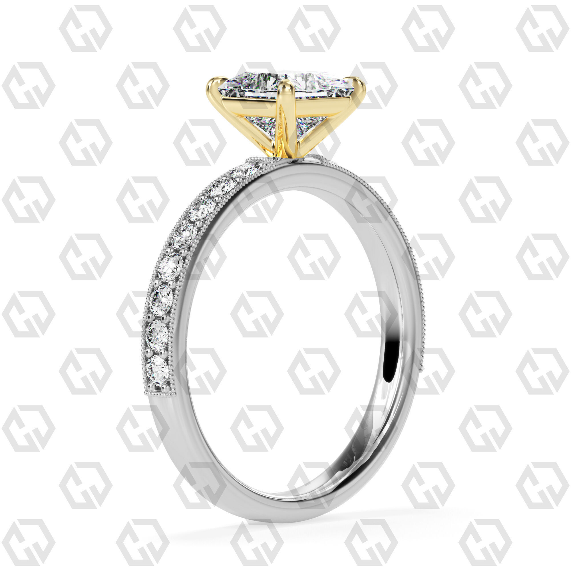 Ring 68 Princess Shape milgrain pave set ring with Gems 3D print model_10