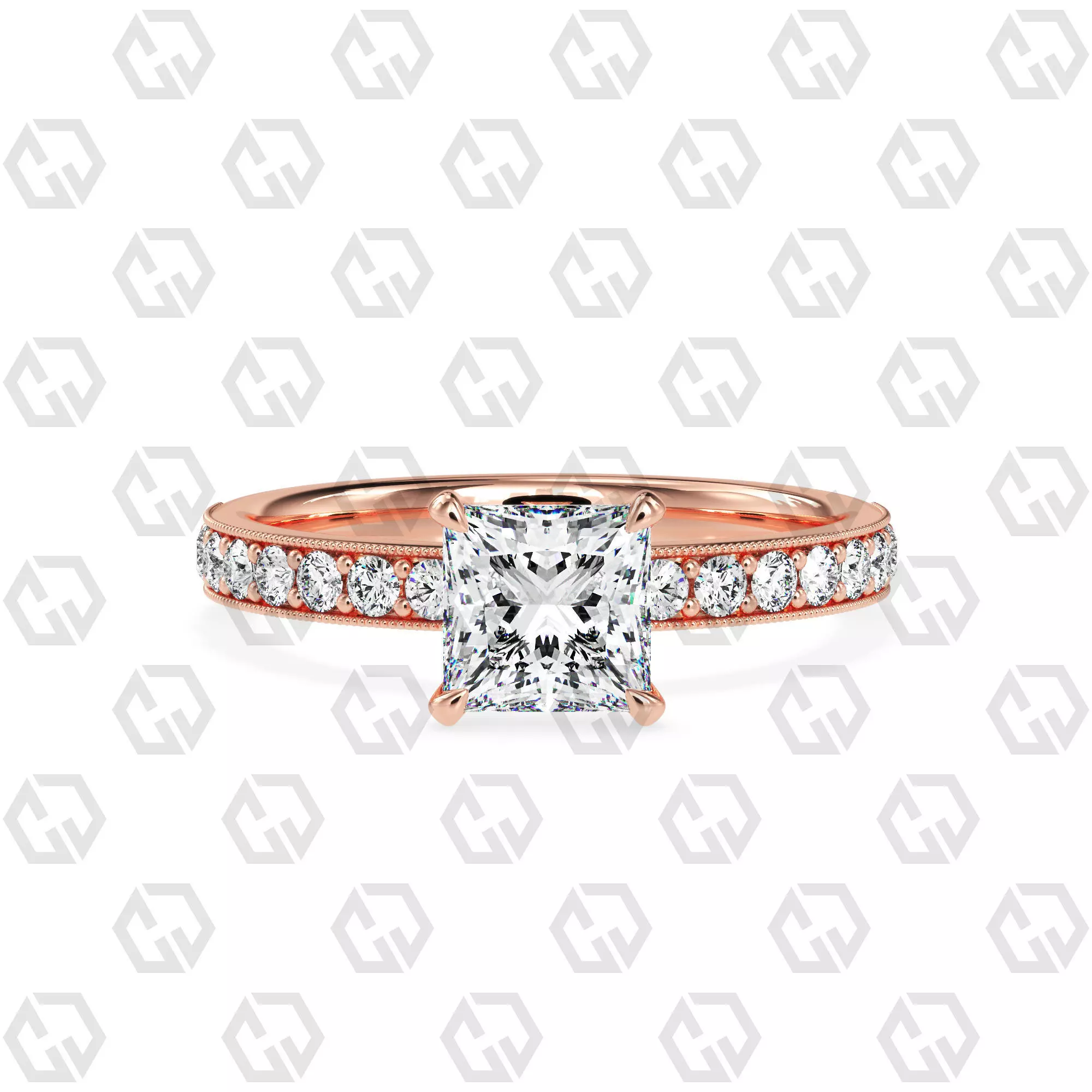 Ring 68 Princess Shape milgrain pave set ring with Gems 3D print model_0