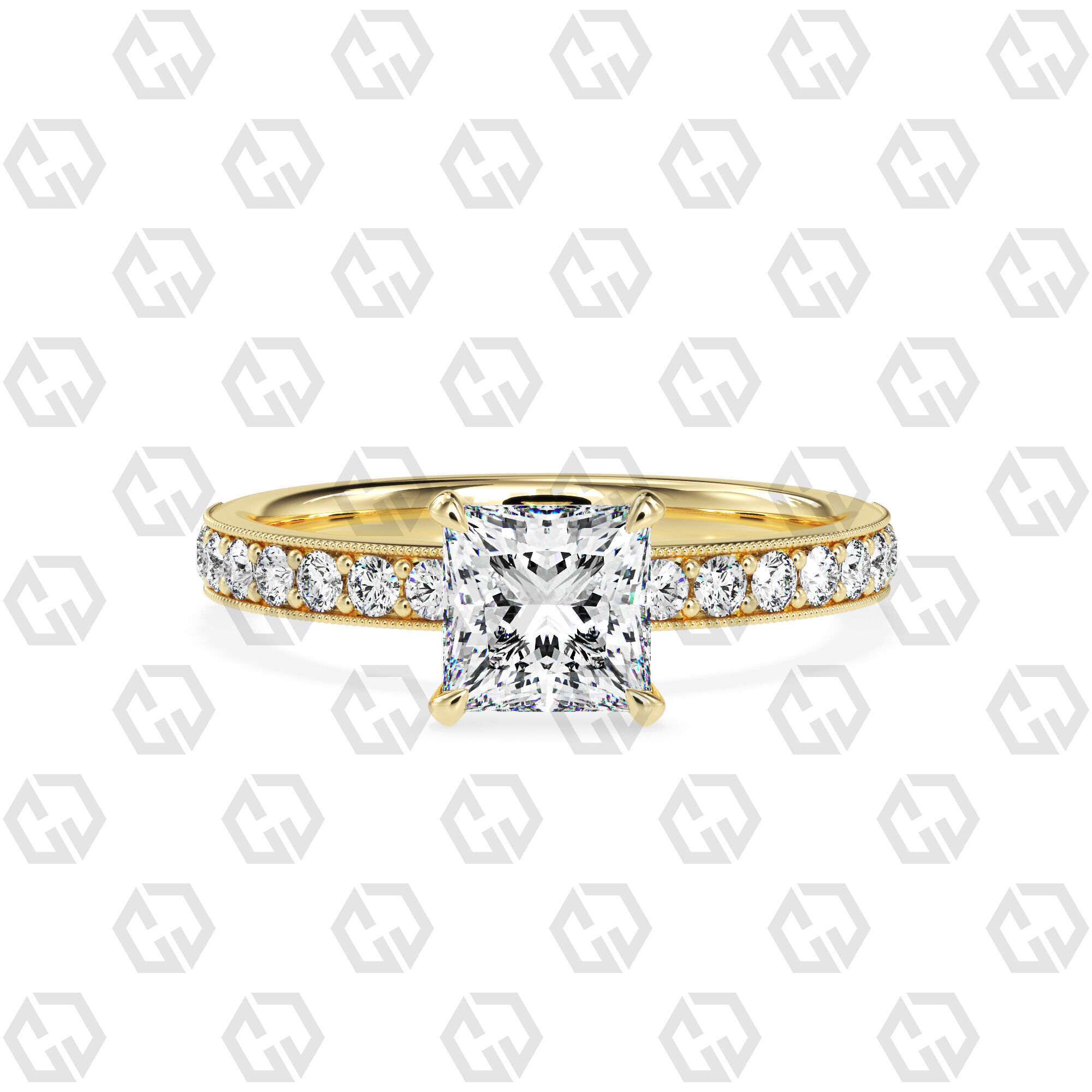 Ring 68 Princess Shape milgrain pave set ring with Gems 3D print model_13