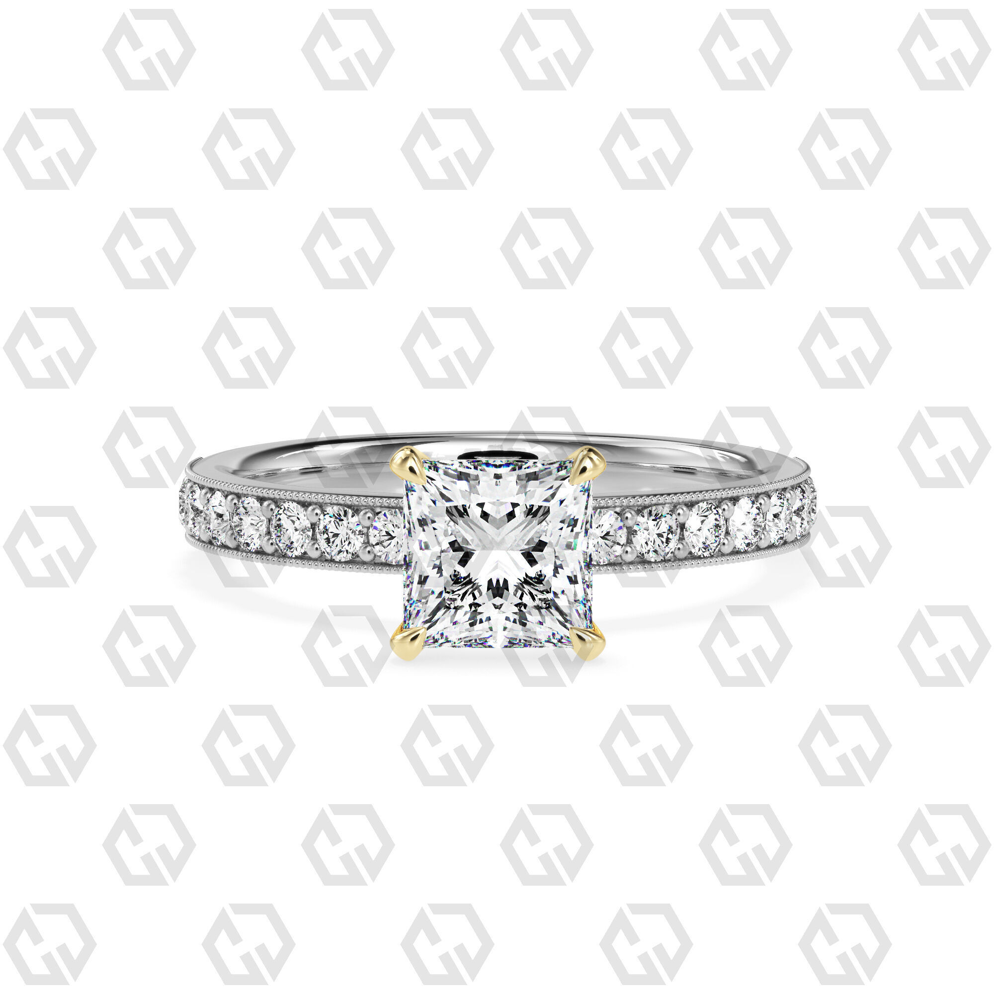 Ring 68 Princess Shape milgrain pave set ring with Gems 3D print model_11