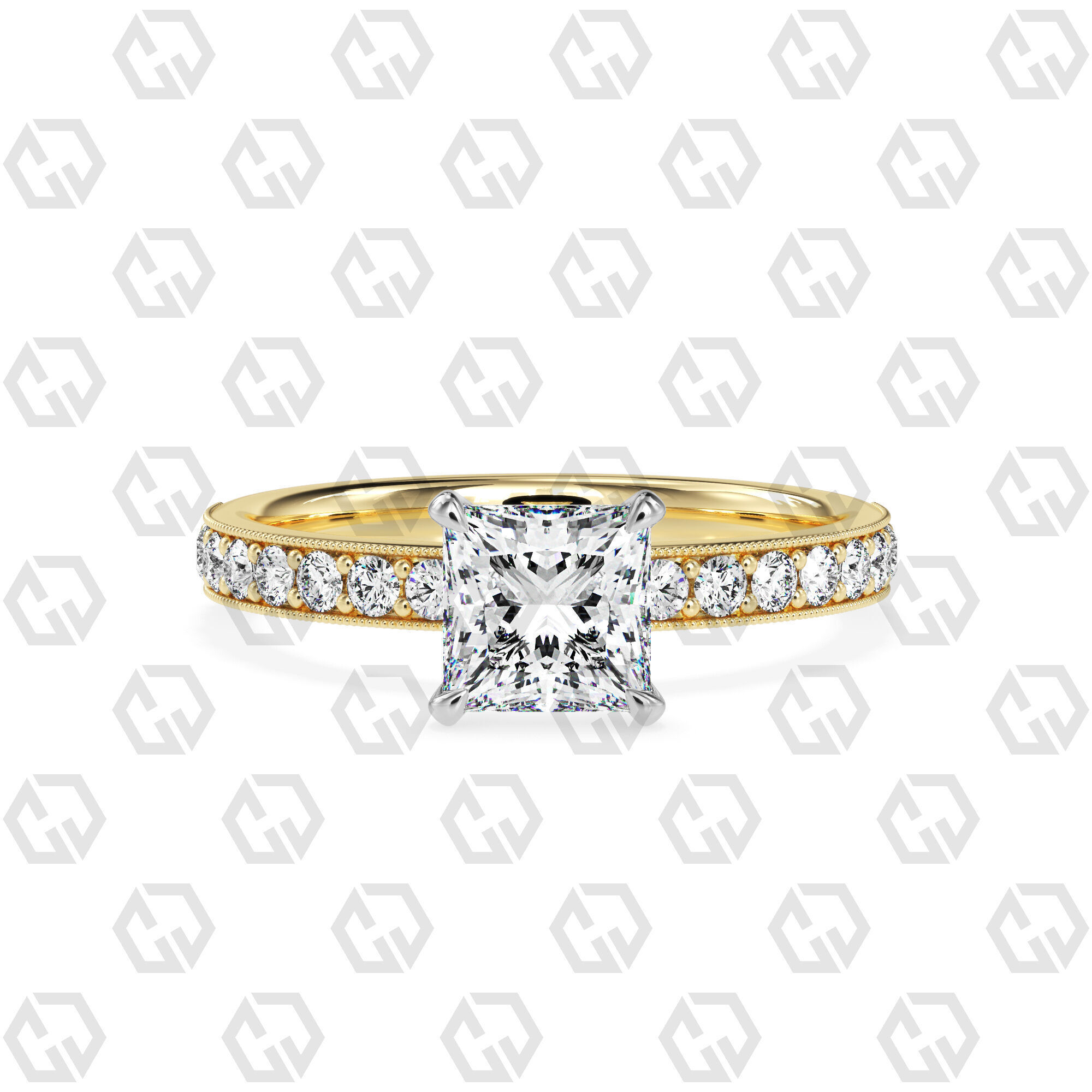 Ring 68 Princess Shape milgrain pave set ring with Gems 3D print model_9