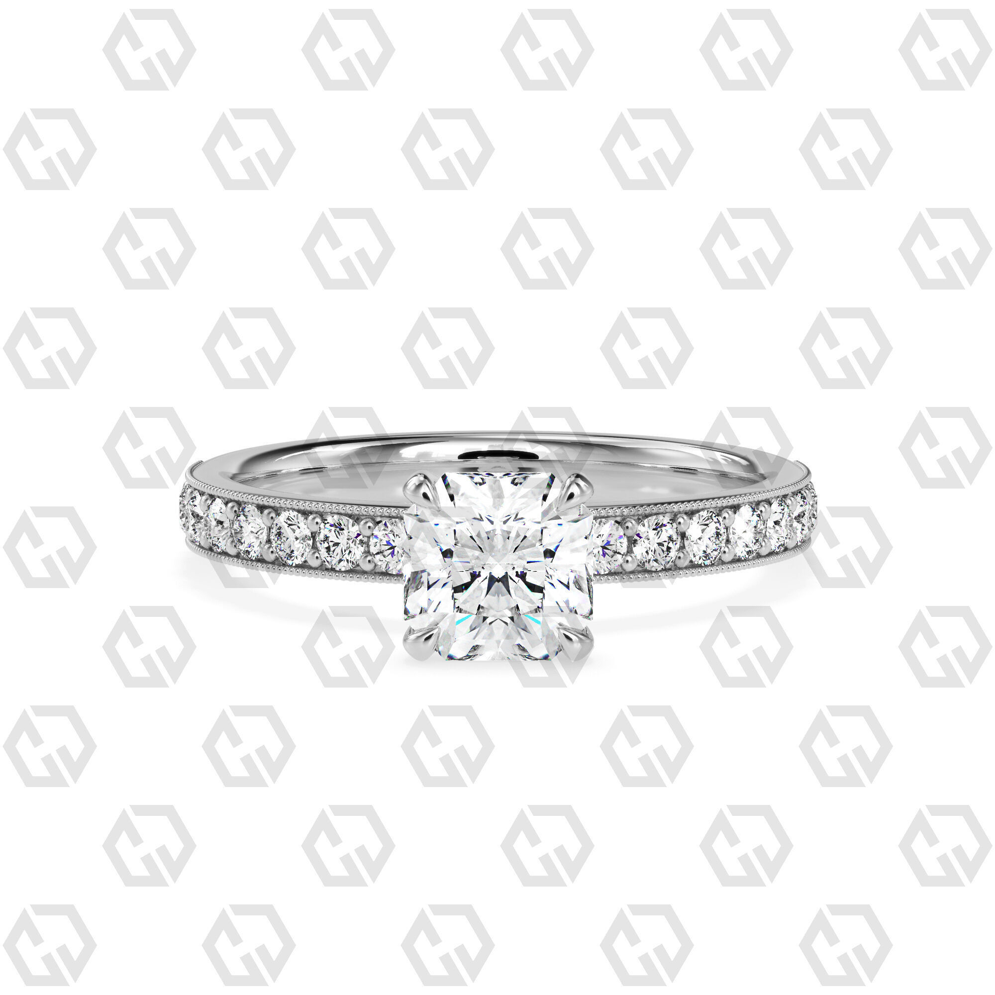 Ring 70 Radiant Shape milgrain pave set ring with Gems 3D print model_7