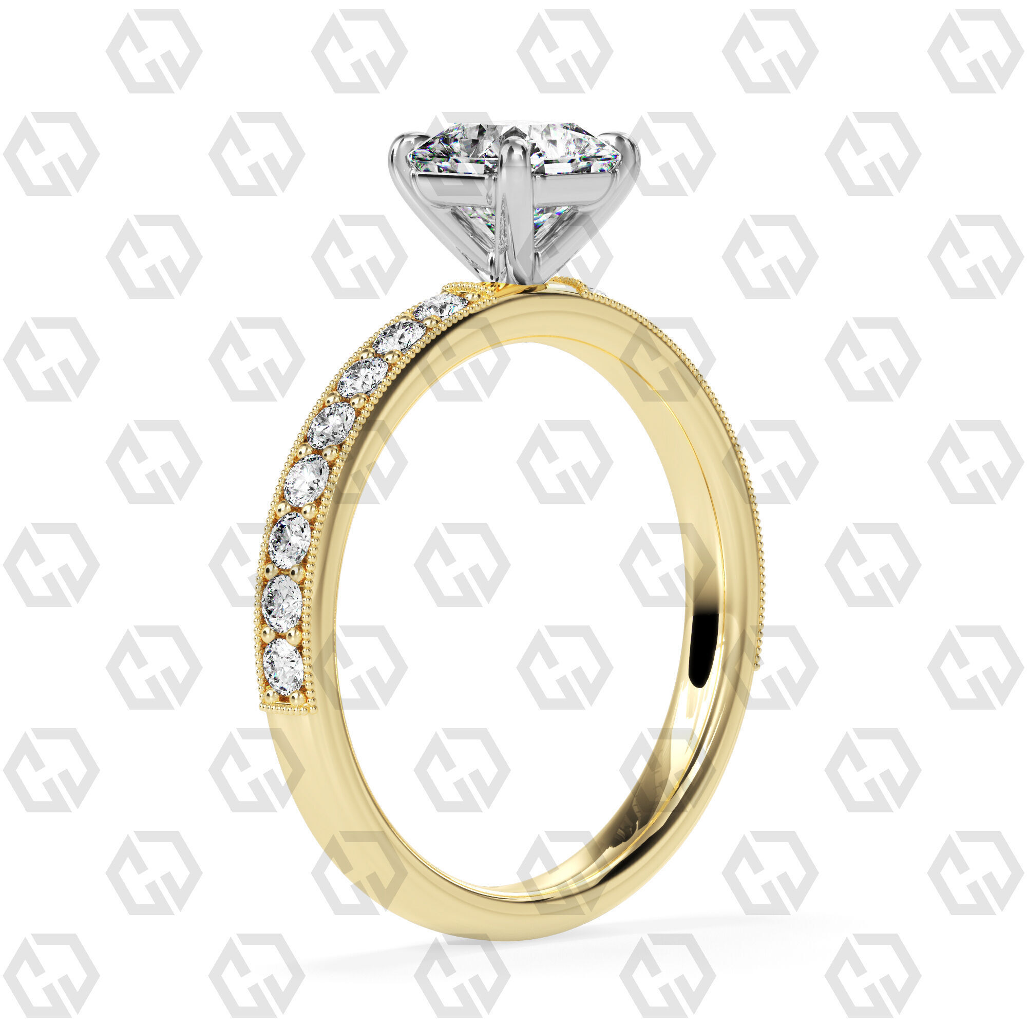 Ring 70 Radiant Shape milgrain pave set ring with Gems 3D print model_8