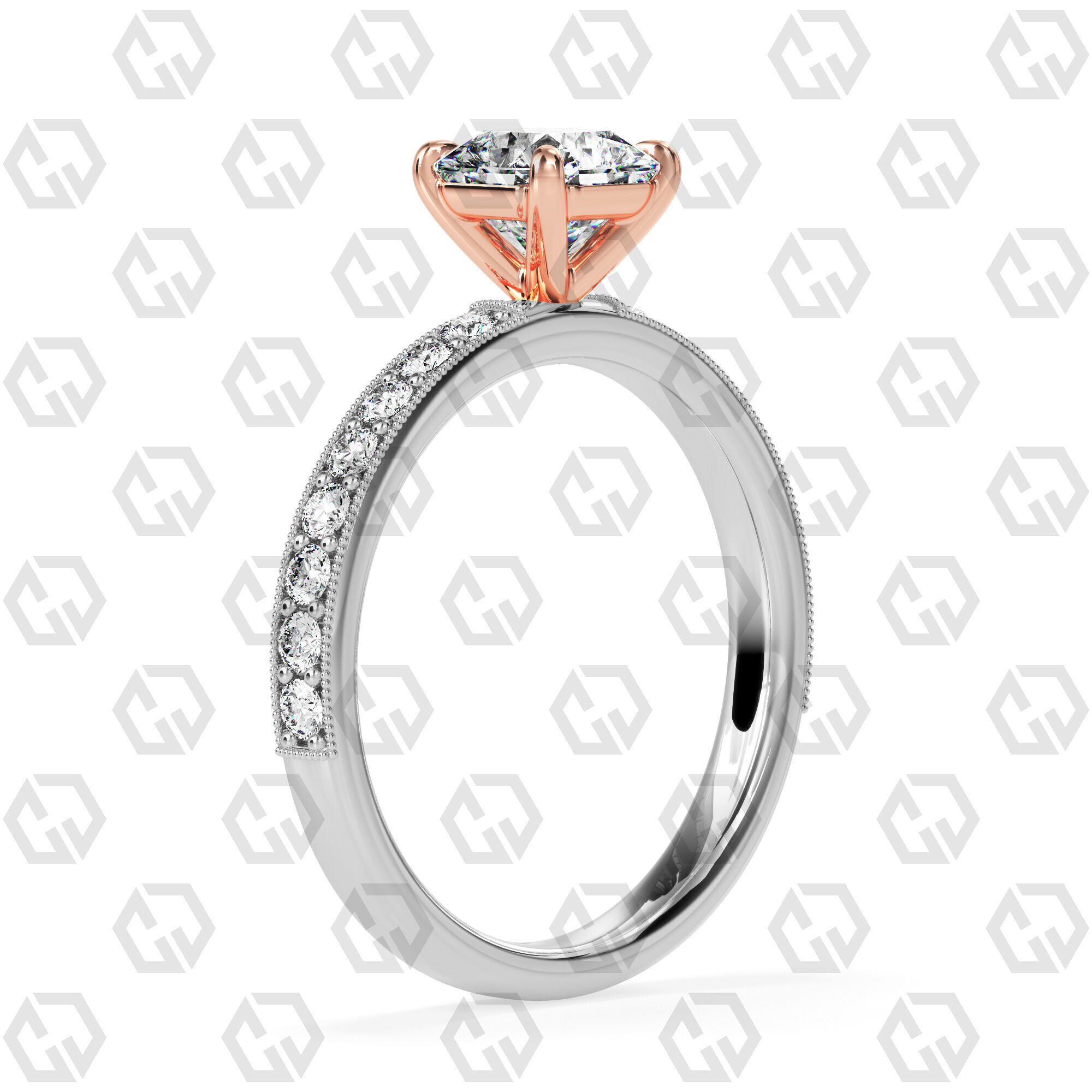 Ring 70 Radiant Shape milgrain pave set ring with Gems 3D print model_2