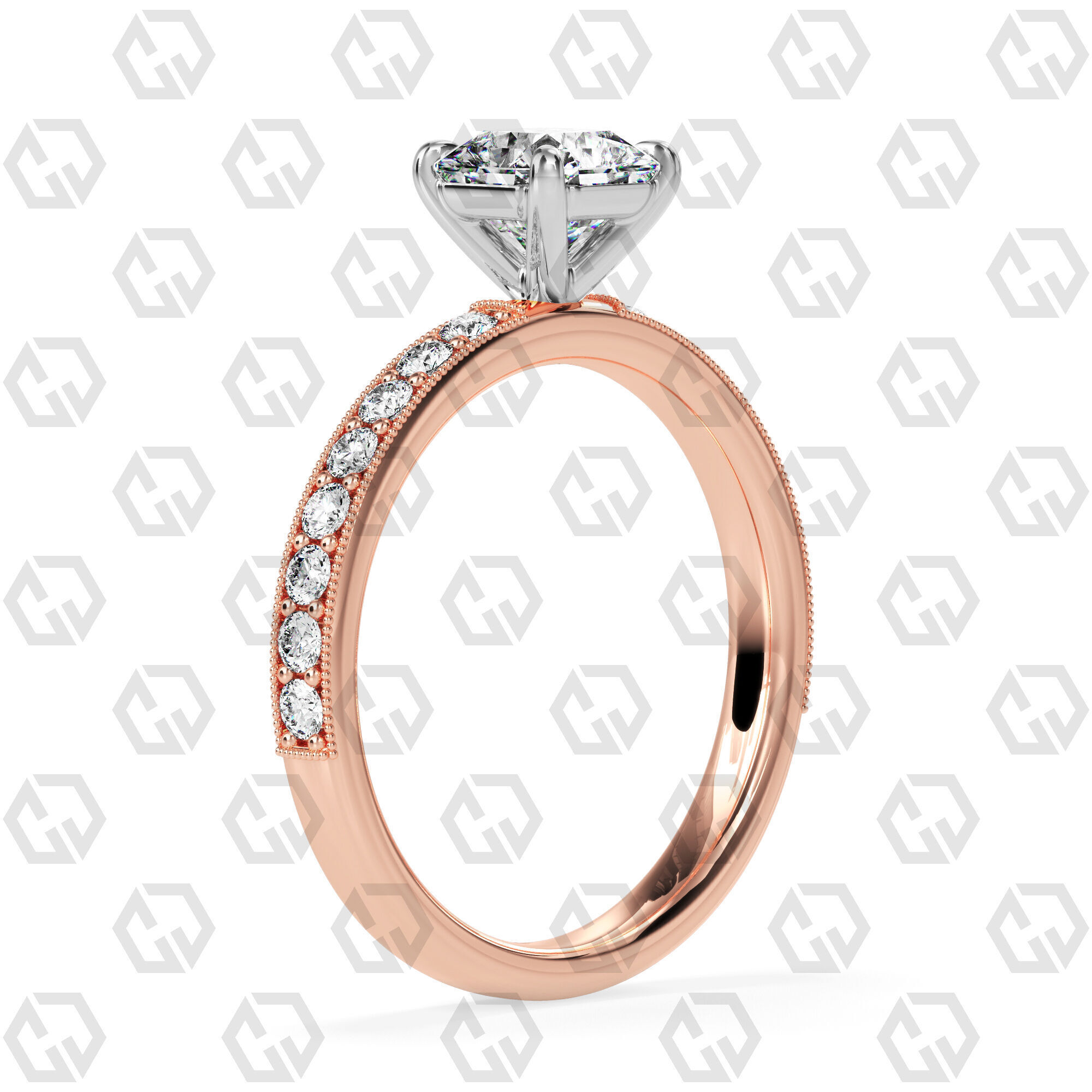 Ring 70 Radiant Shape milgrain pave set ring with Gems 3D print model_4