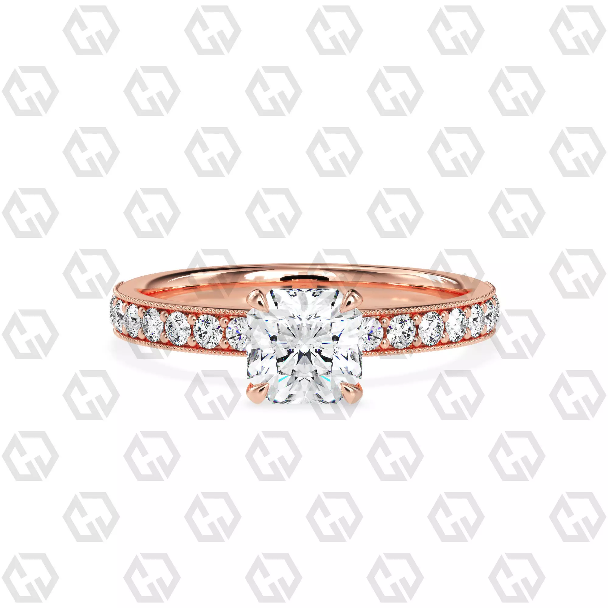 Ring 70 Radiant Shape milgrain pave set ring with Gems 3D print model_0