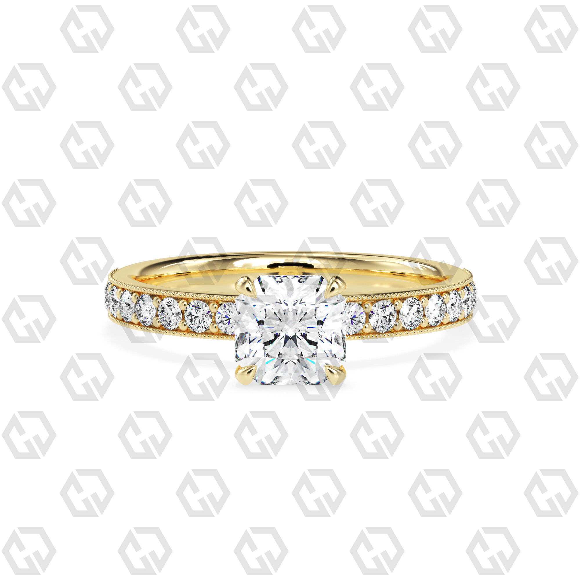 Ring 70 Radiant Shape milgrain pave set ring with Gems 3D print model_13