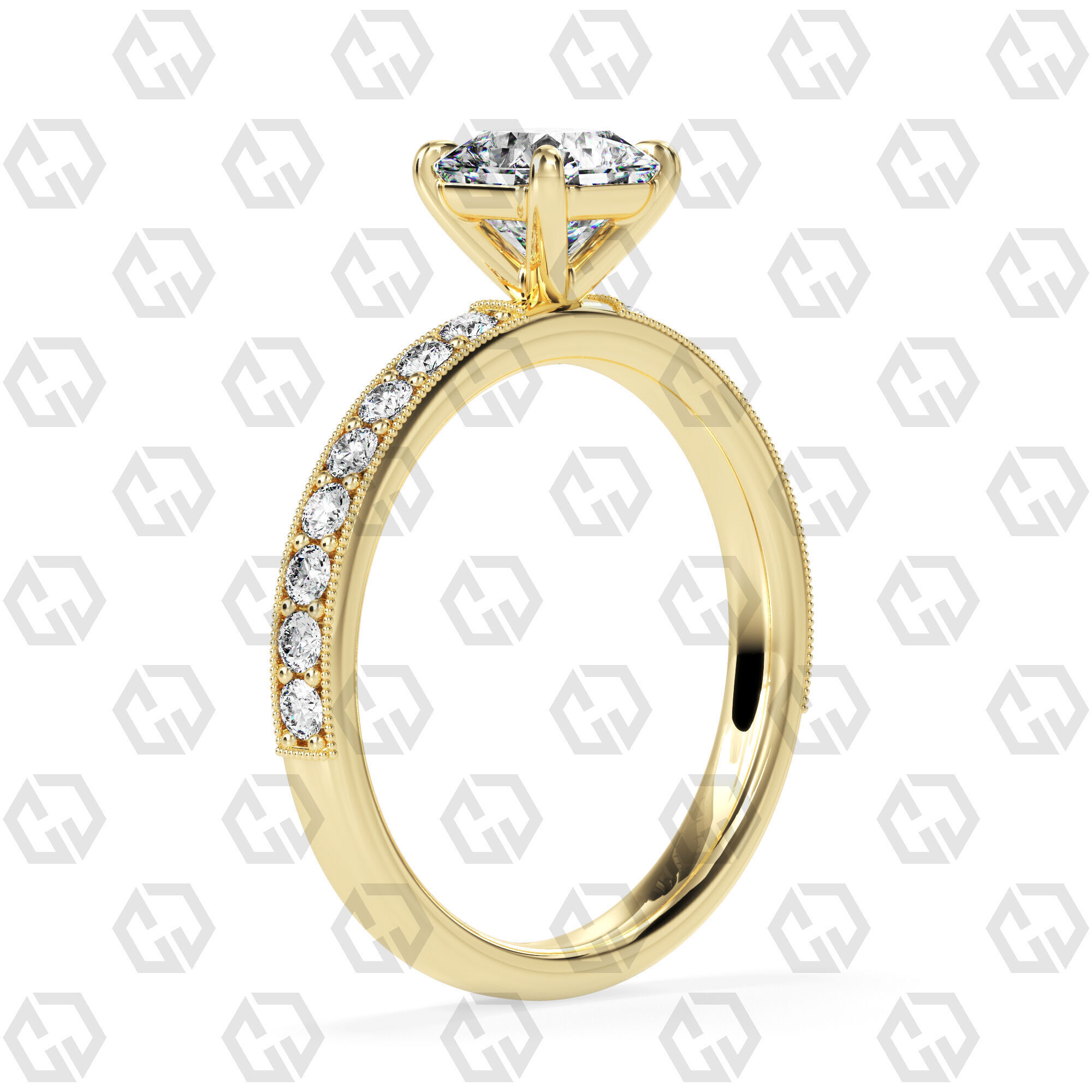 Ring 70 Radiant Shape milgrain pave set ring with Gems 3D print model_12