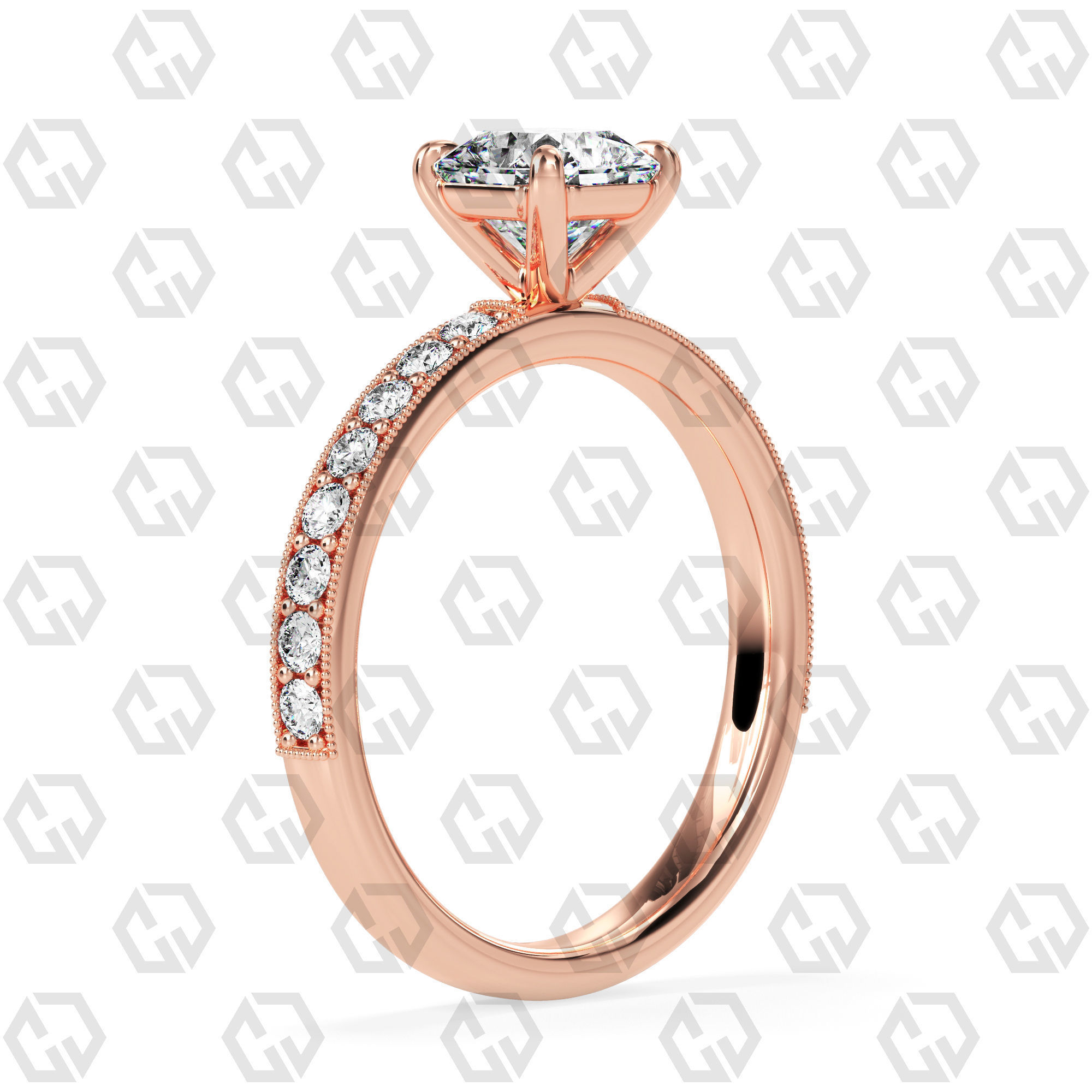 Ring 70 Radiant Shape milgrain pave set ring with Gems 3D print model_1