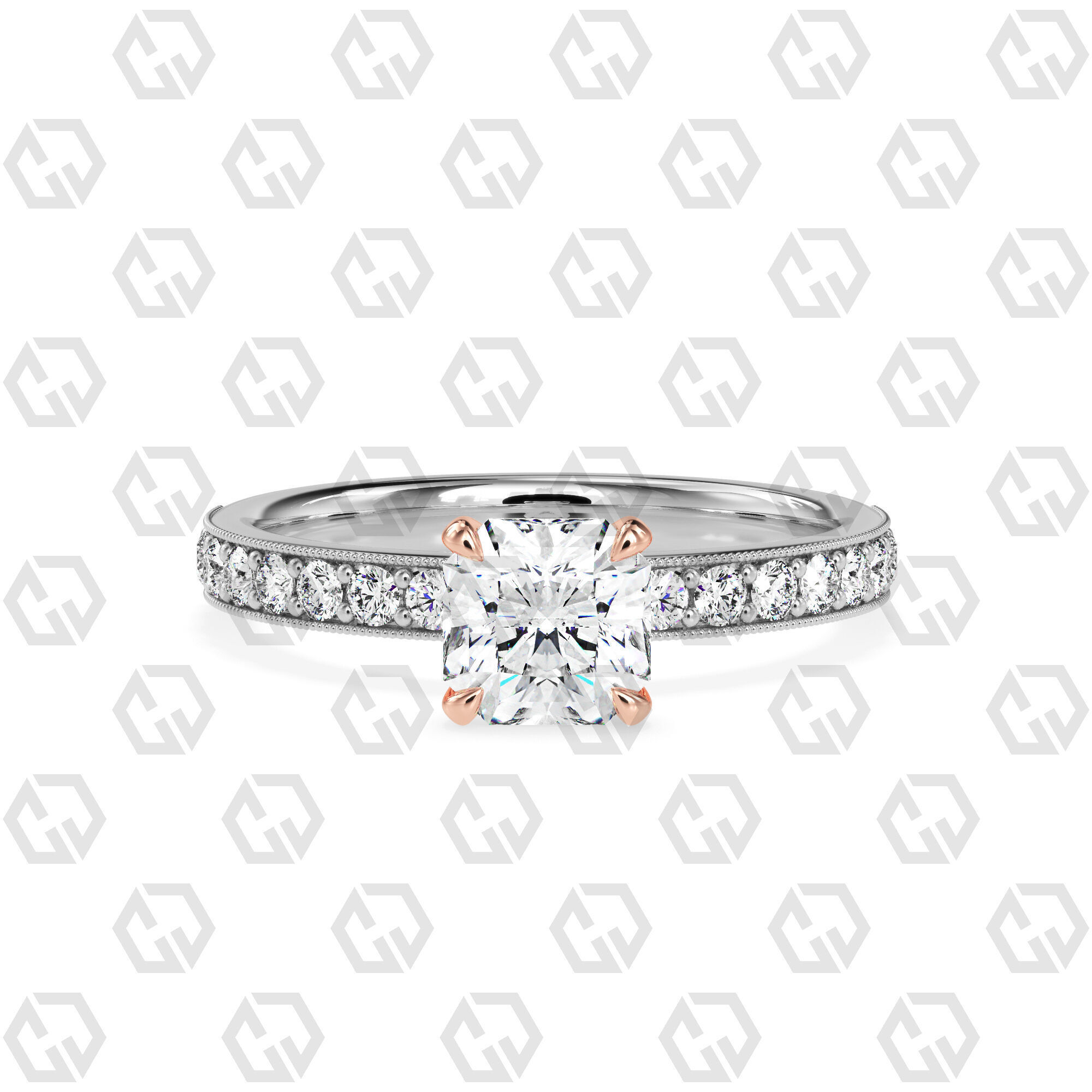 Ring 70 Radiant Shape milgrain pave set ring with Gems 3D print model_3