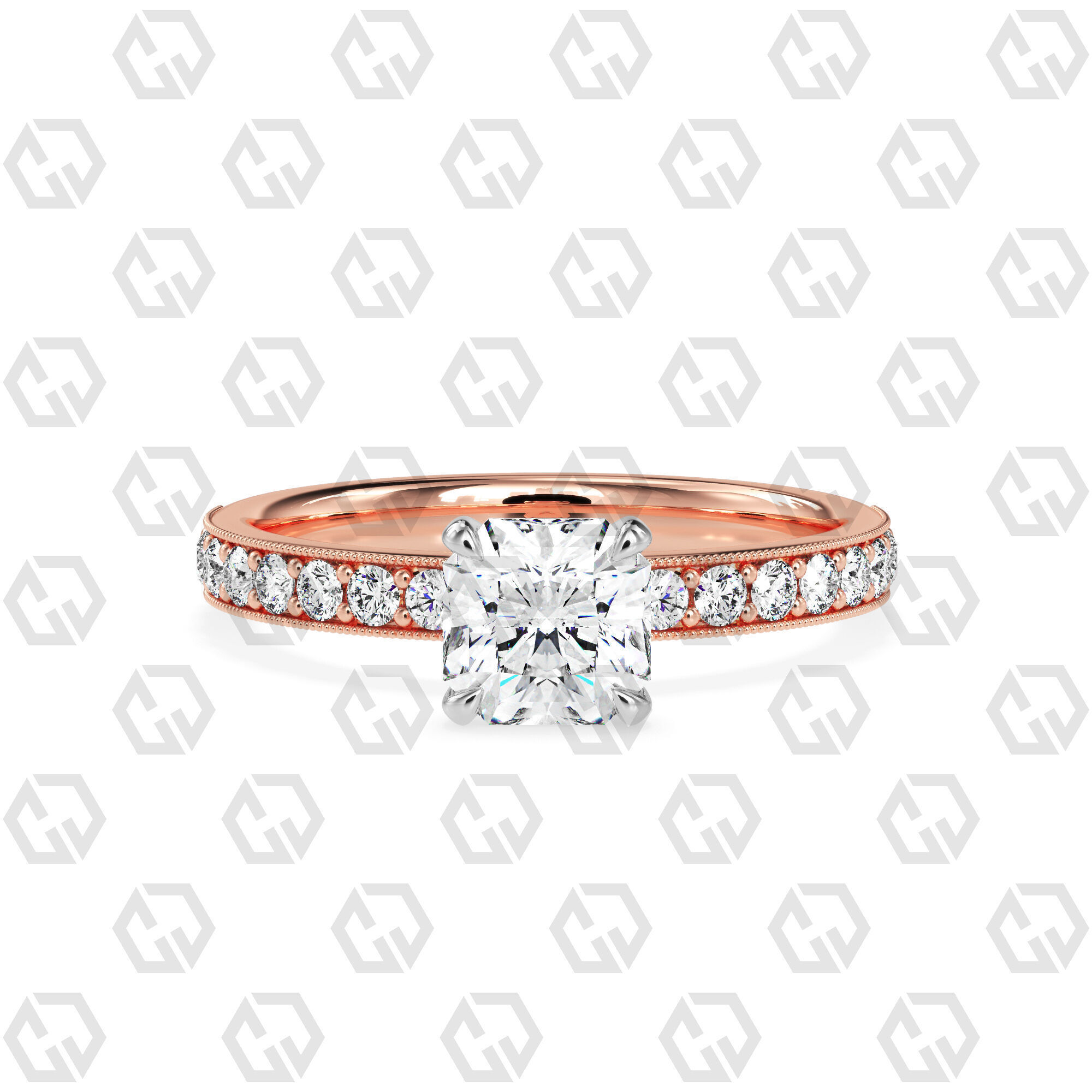 Ring 70 Radiant Shape milgrain pave set ring with Gems 3D print model_5