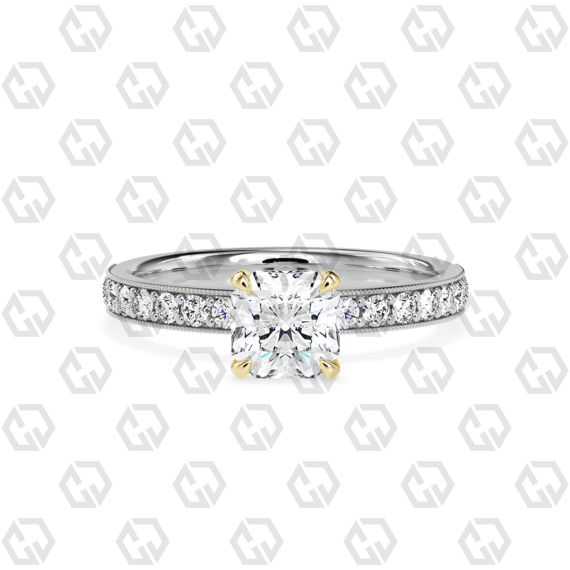 Ring 70 Radiant Shape milgrain pave set ring with Gems 3D print model_11