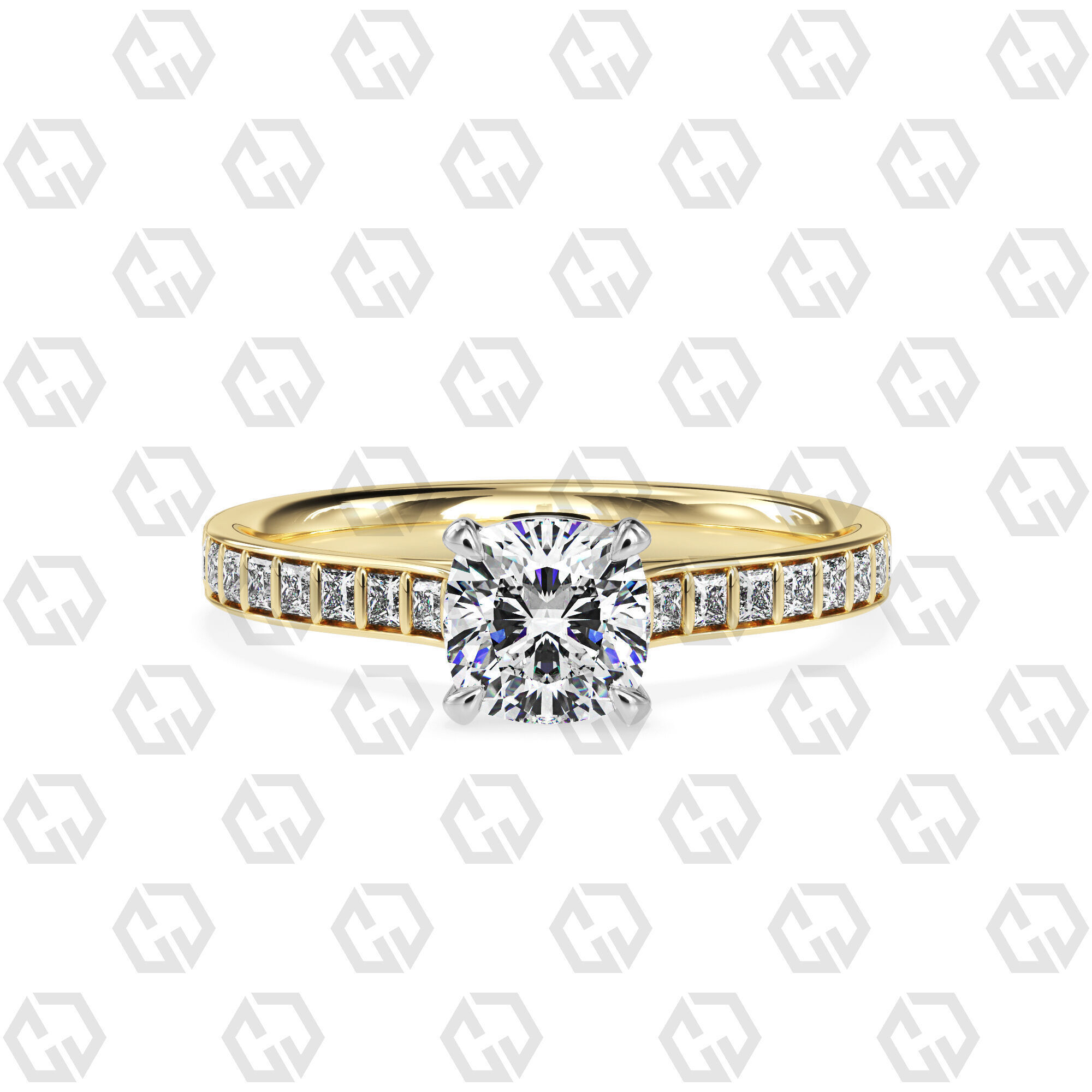 Ring 72 Cushion Shape and princess on shanks with Gems 3D print model_9