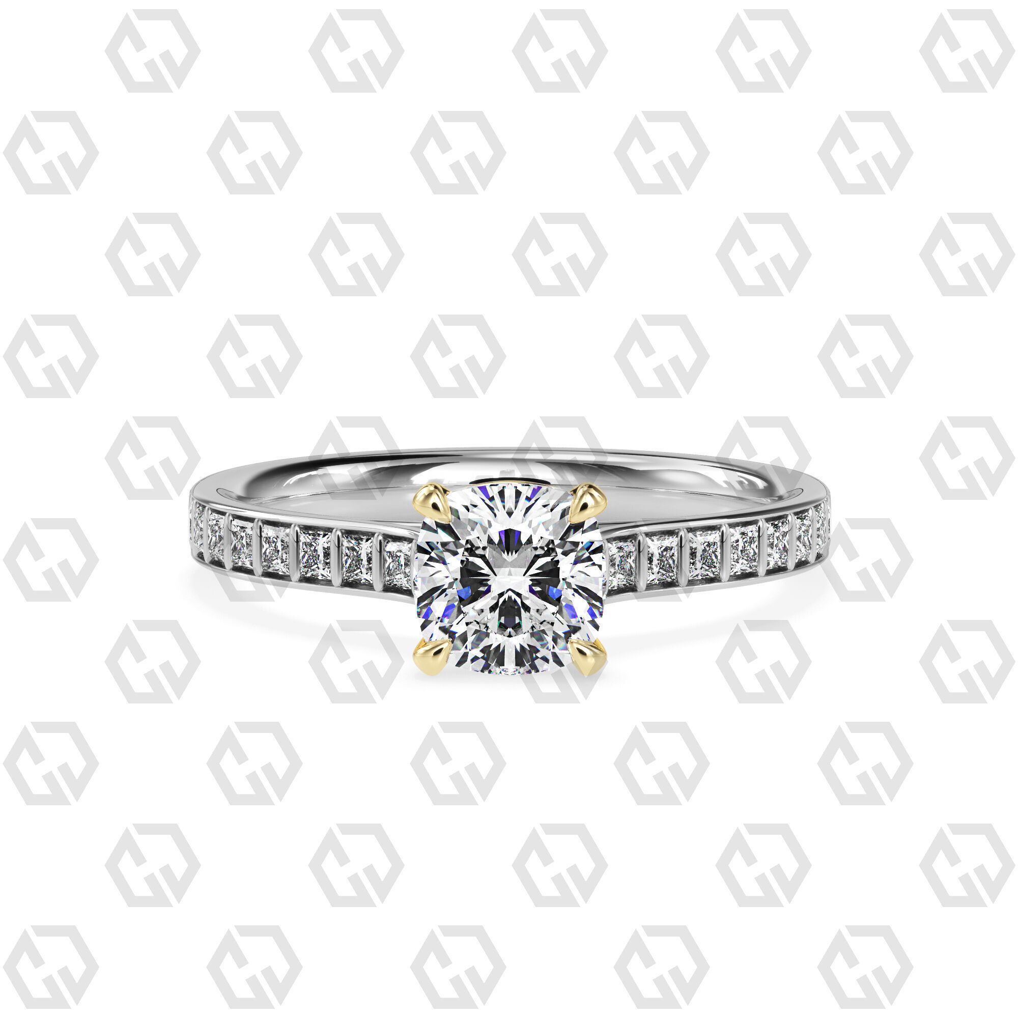 Ring 72 Cushion Shape and princess on shanks with Gems 3D print model_11