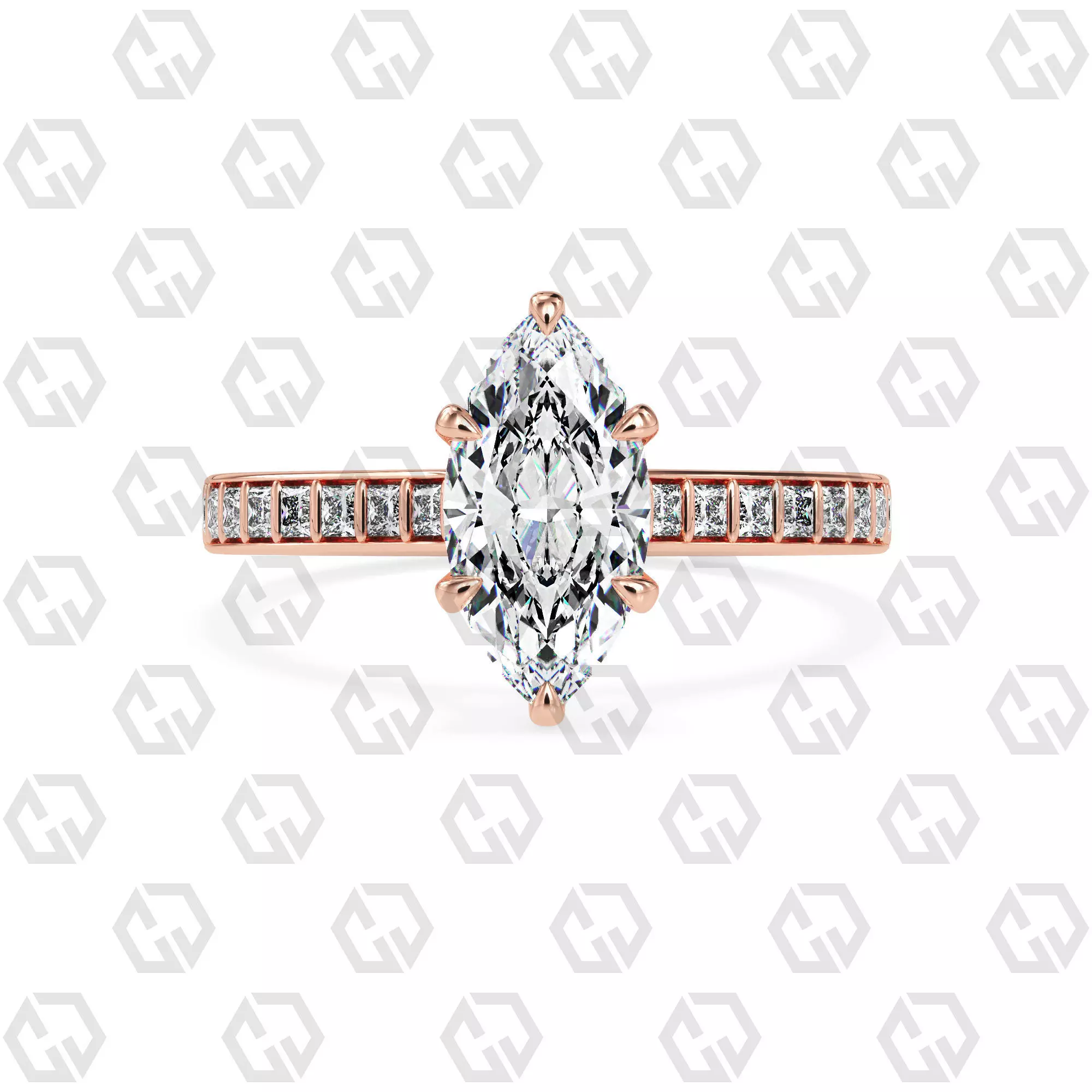 Ring 75 Marquise Shape and princess on shanks with Gems 3D print model_0