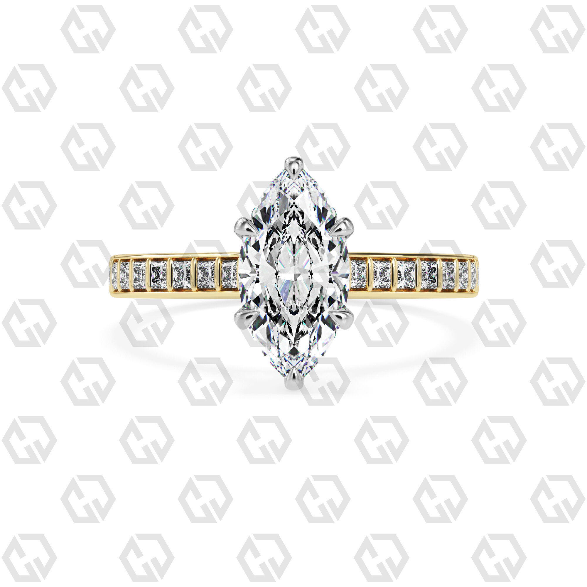 Ring 75 Marquise Shape and princess on shanks with Gems 3D print model_9