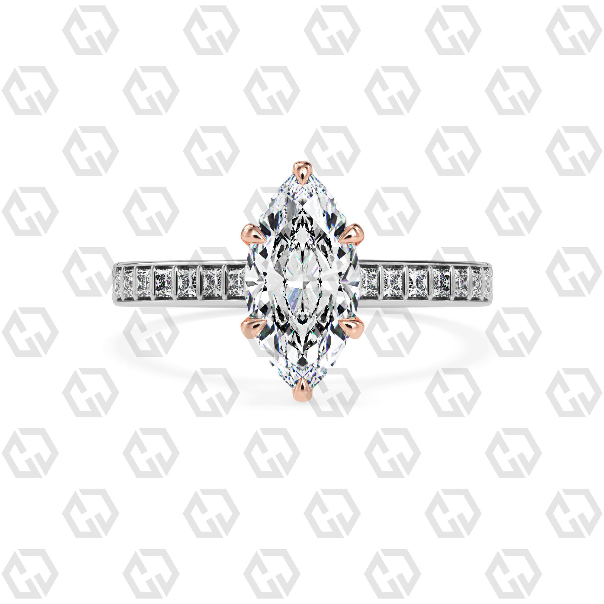 Ring 75 Marquise Shape and princess on shanks with Gems 3D print model_3