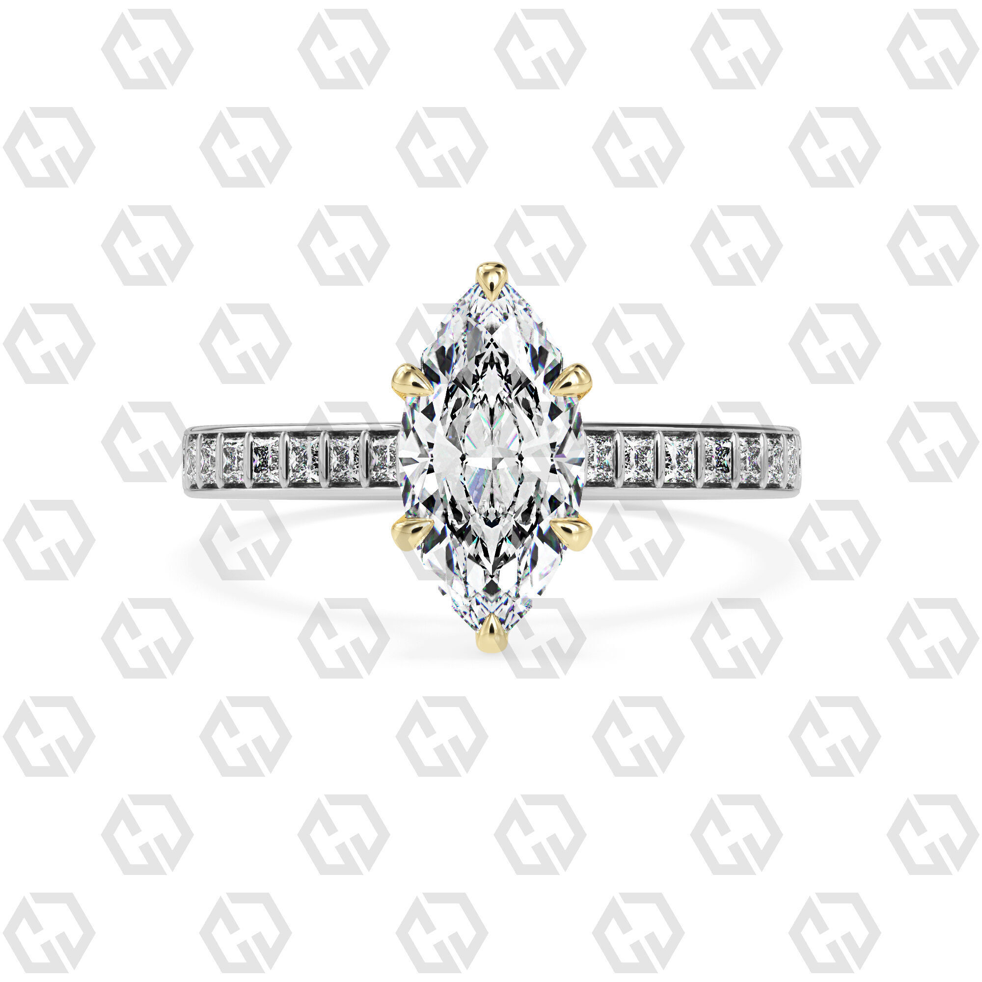 Ring 75 Marquise Shape and princess on shanks with Gems 3D print model_11