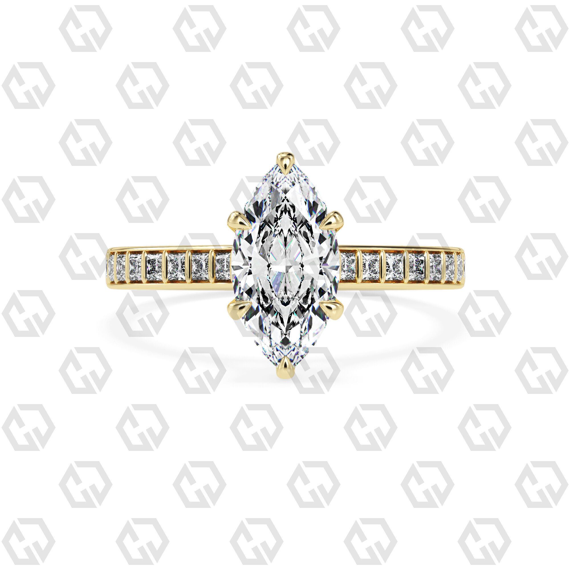 Ring 75 Marquise Shape and princess on shanks with Gems 3D print model_13