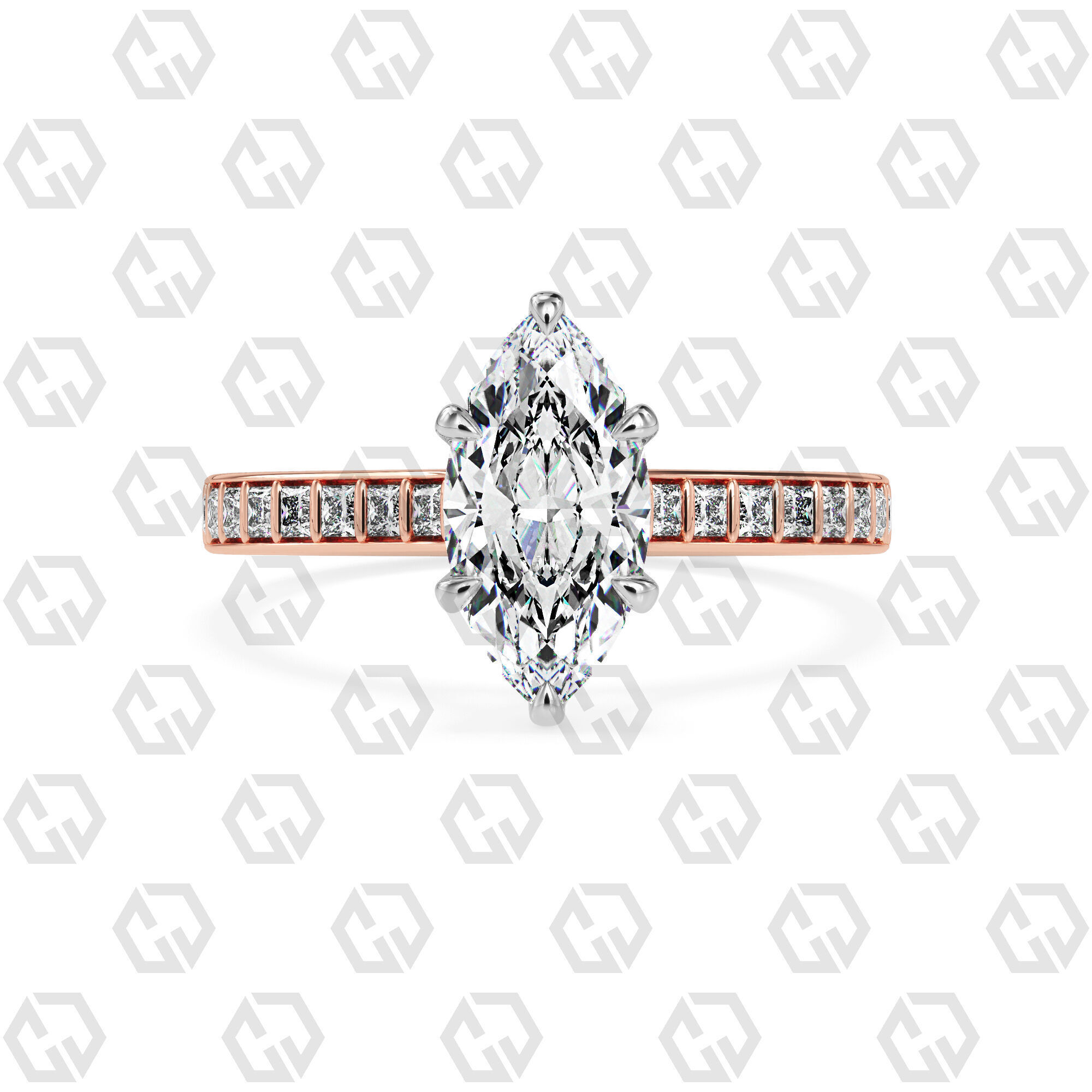 Ring 75 Marquise Shape and princess on shanks with Gems 3D print model_5