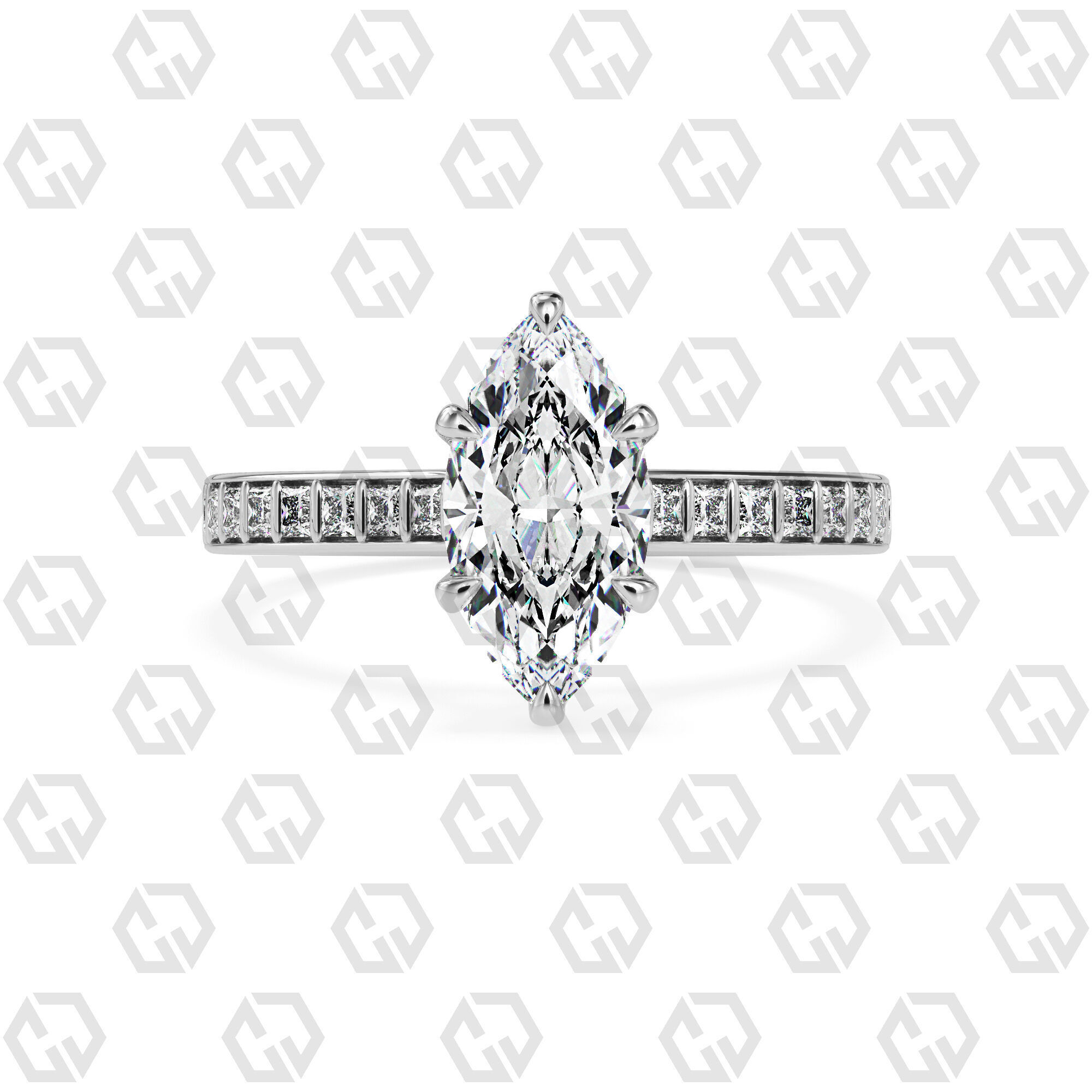 Ring 75 Marquise Shape and princess on shanks with Gems 3D print model_7