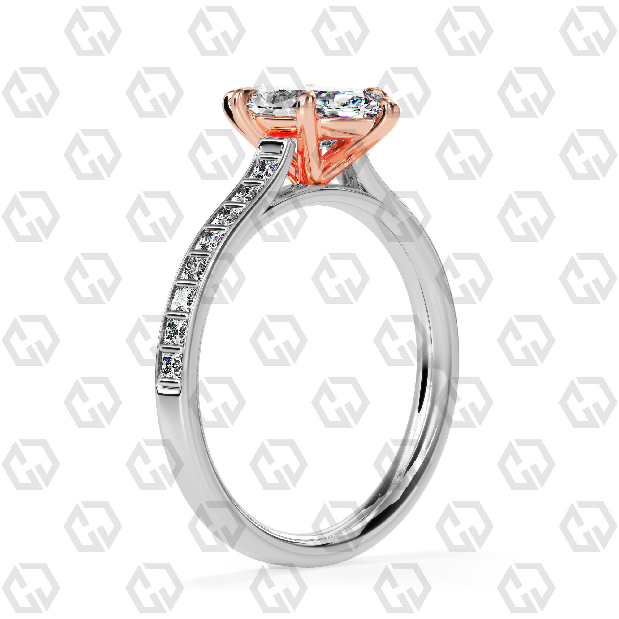 Ring 75 Marquise Shape and princess on shanks with Gems 3D print model_2