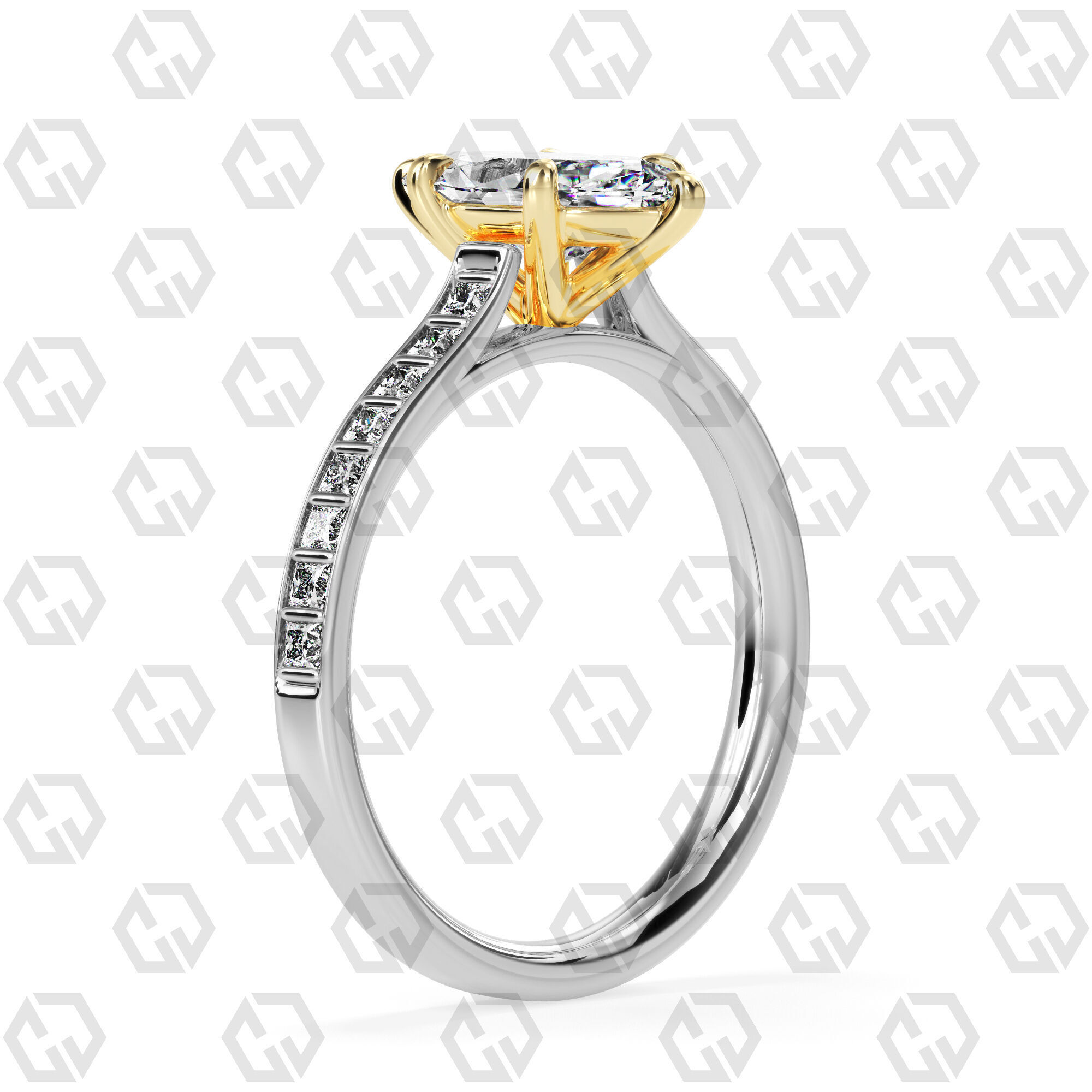 Ring 75 Marquise Shape and princess on shanks with Gems 3D print model_10