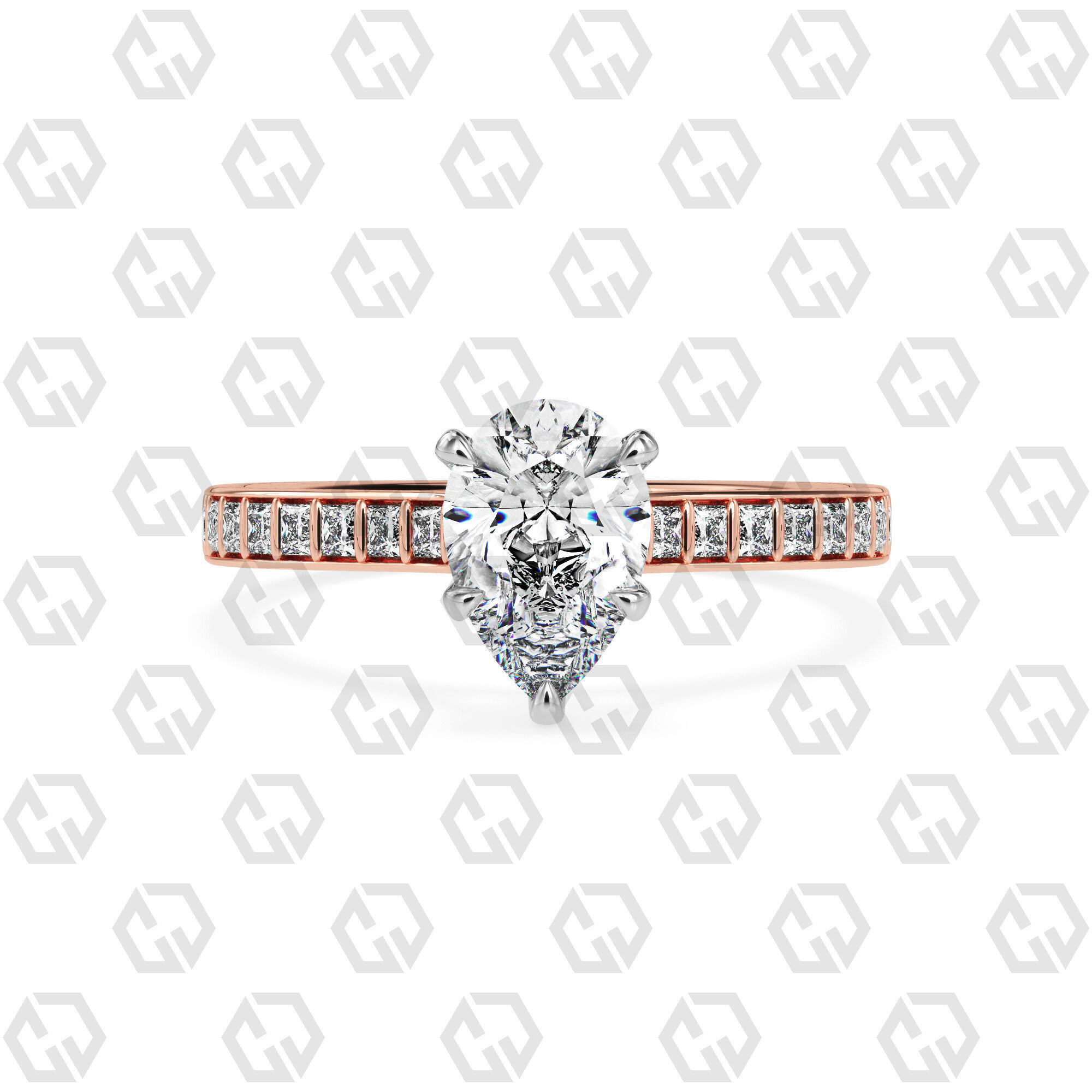 Ring 77 Pear Shape and princess on shanks with Gems 3D print model_5