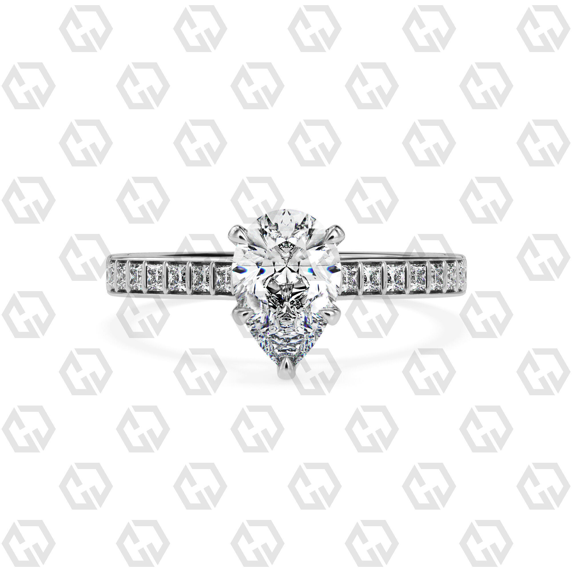 Ring 77 Pear Shape and princess on shanks with Gems 3D print model_7