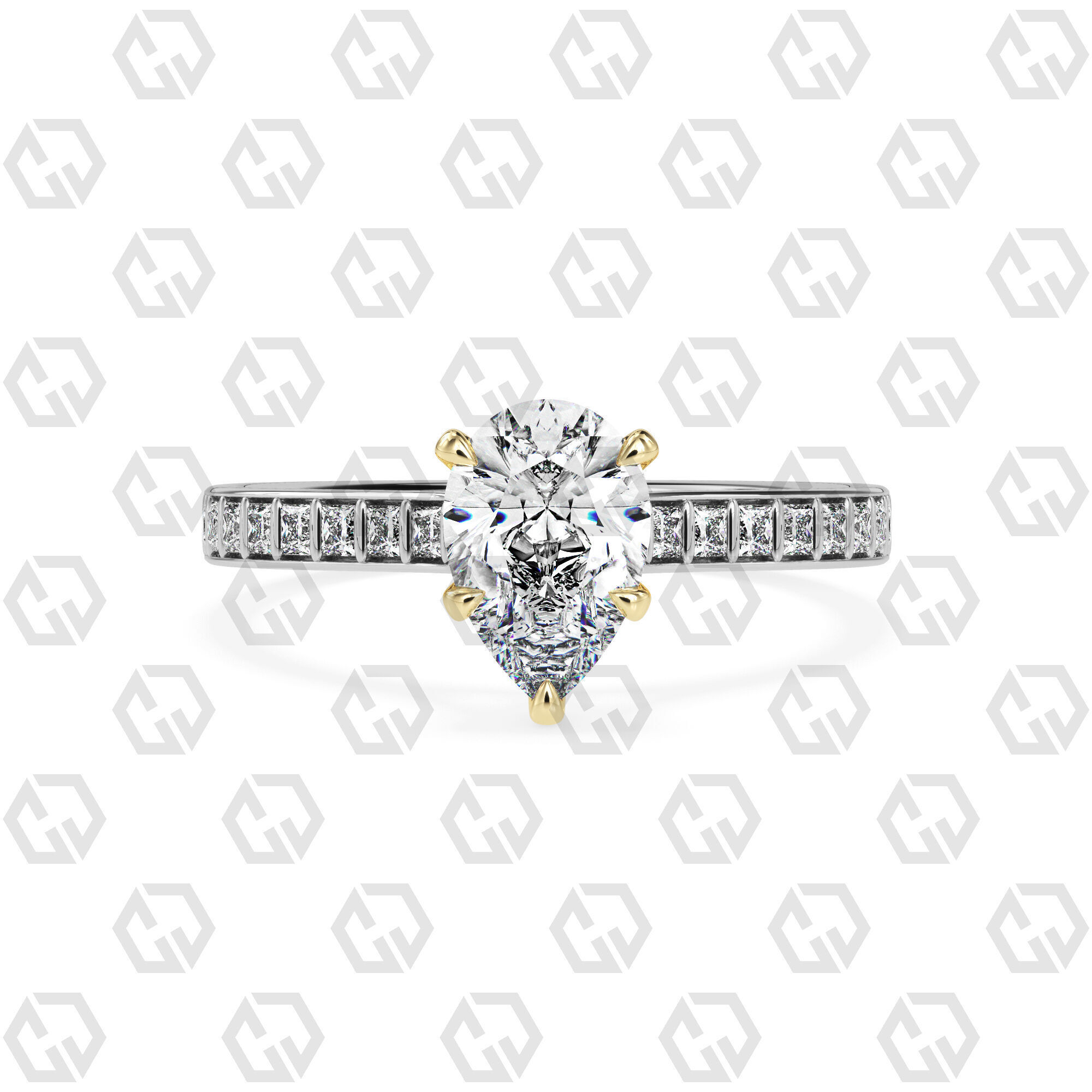 Ring 77 Pear Shape and princess on shanks with Gems 3D print model_11