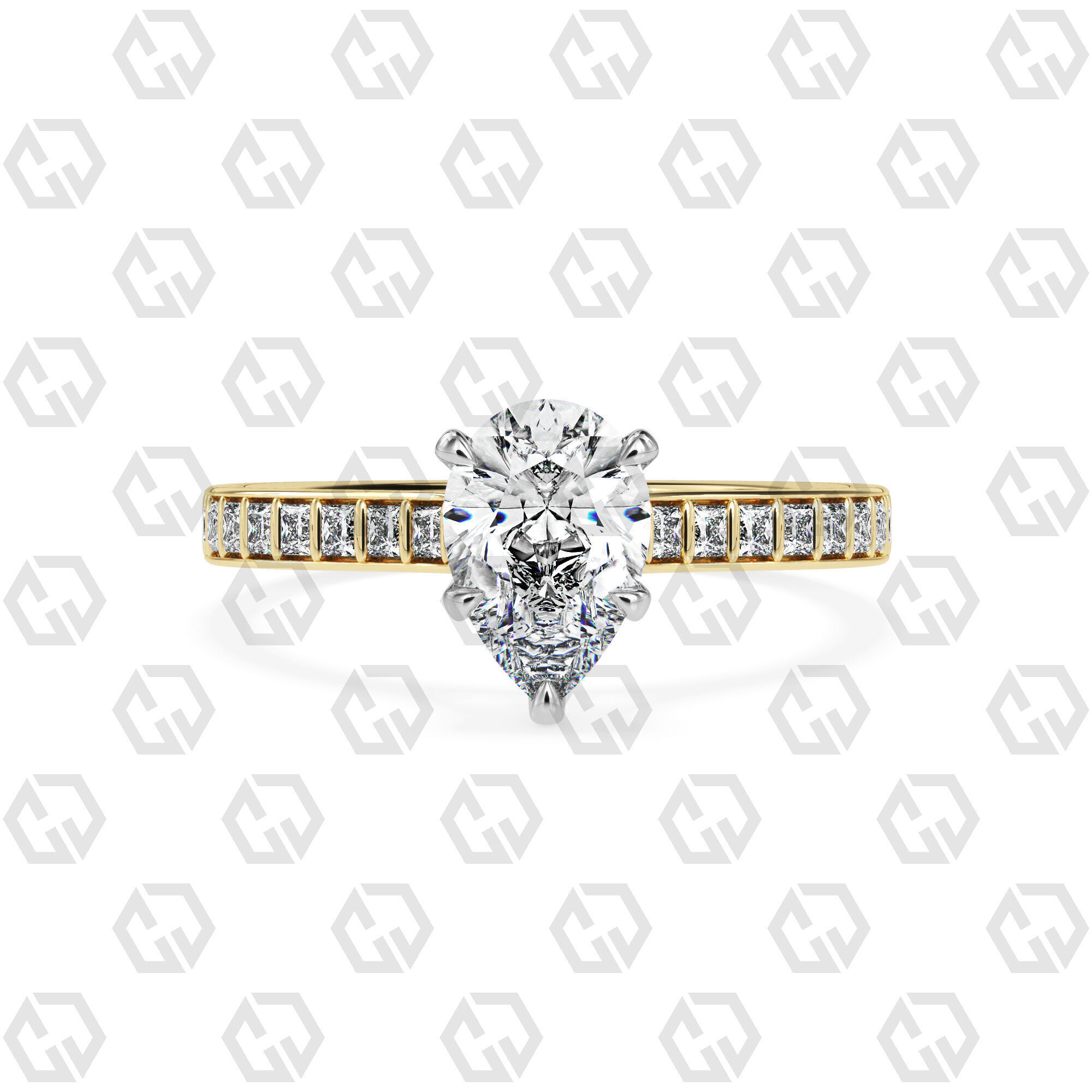 Ring 77 Pear Shape and princess on shanks with Gems 3D print model_9