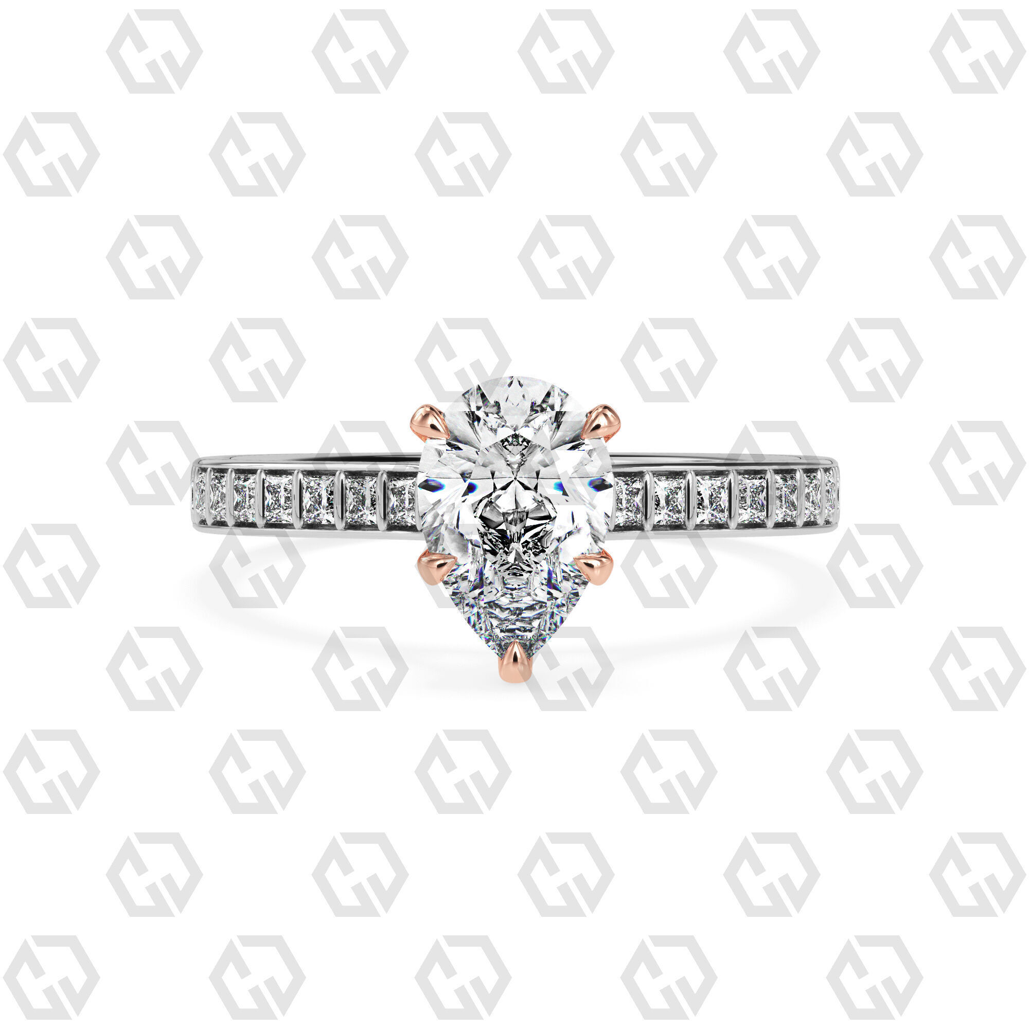 Ring 77 Pear Shape and princess on shanks with Gems 3D print model_3