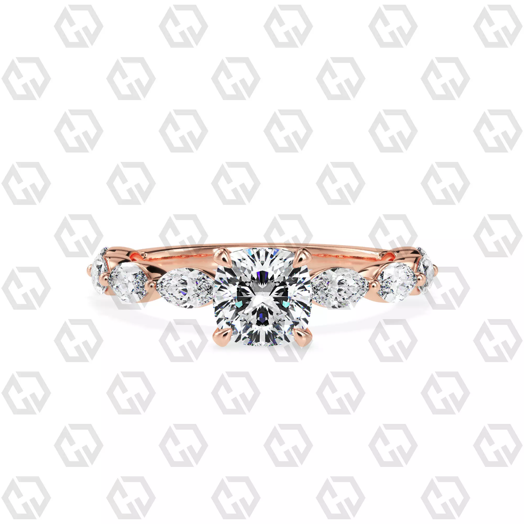 Ring 82 Cushion Shape marquise on shanks with Gems 3D print model_0