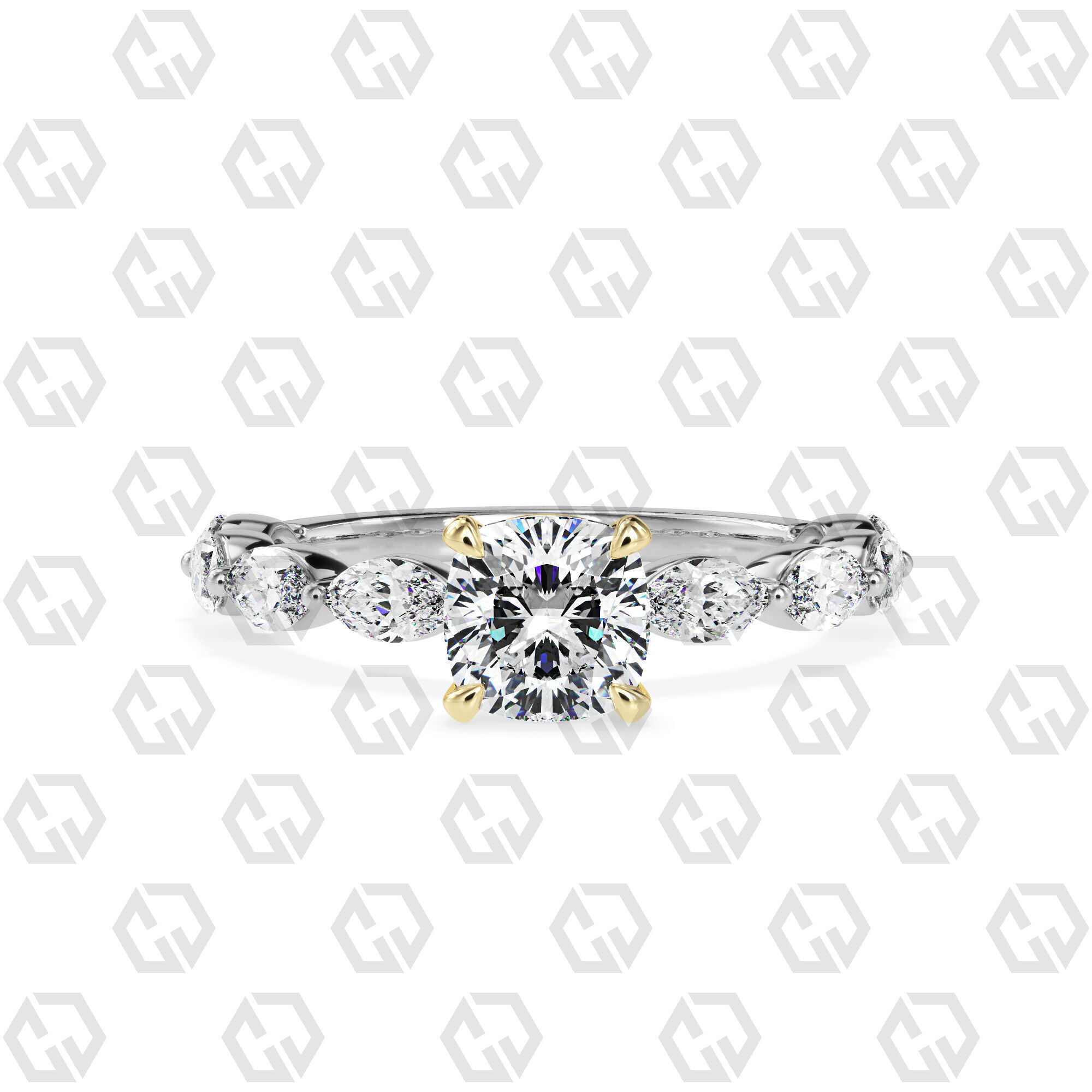 Ring 82 Cushion Shape marquise on shanks with Gems 3D print model_11