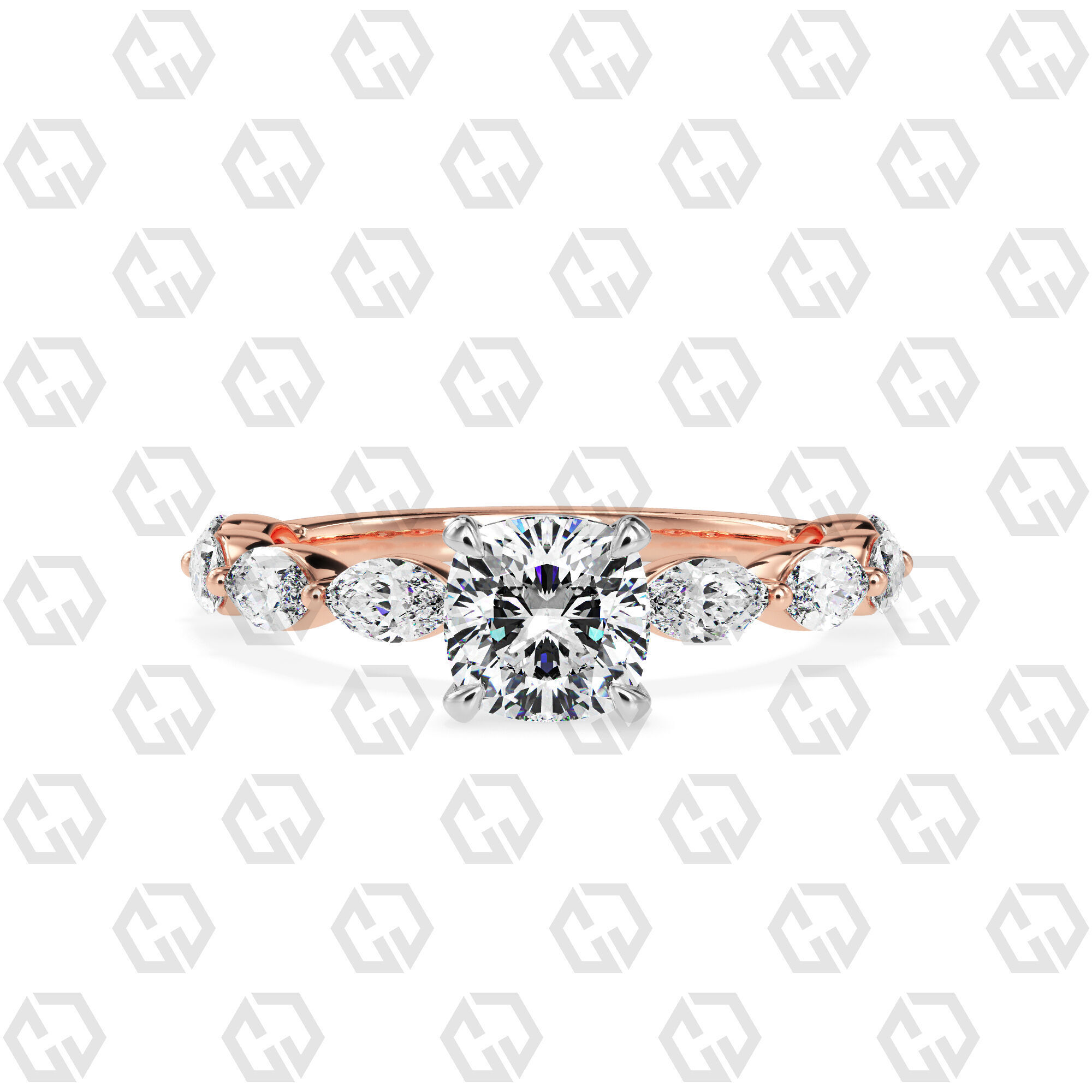 Ring 82 Cushion Shape marquise on shanks with Gems 3D print model_5