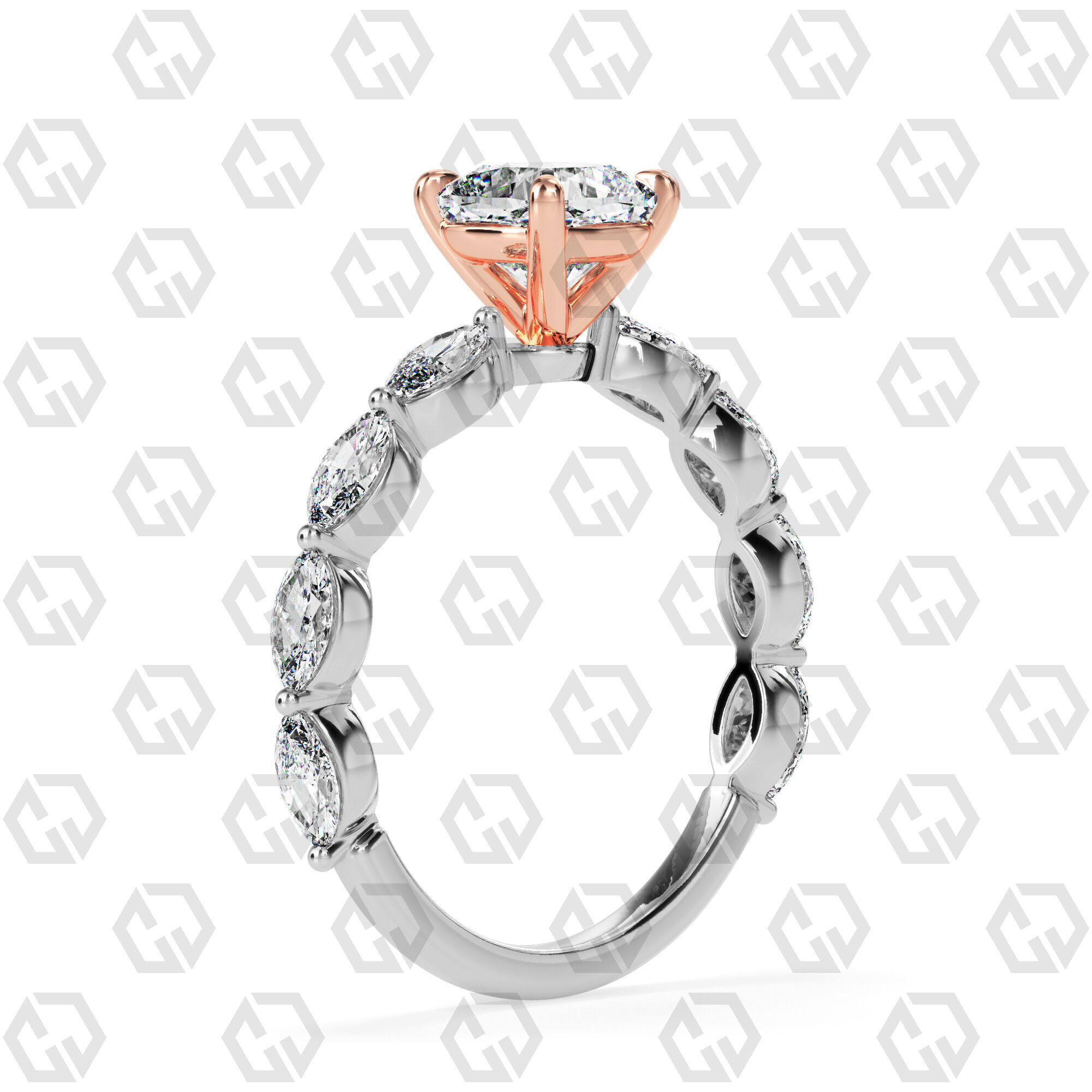 Ring 82 Cushion Shape marquise on shanks with Gems 3D print model_2