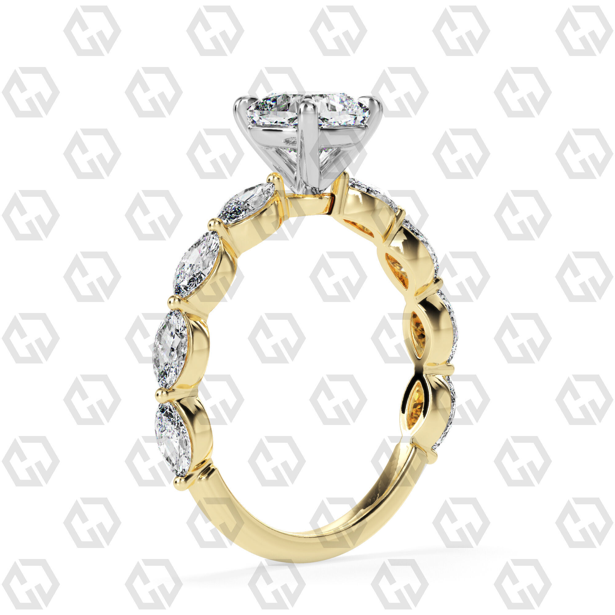 Ring 82 Cushion Shape marquise on shanks with Gems 3D print model_8